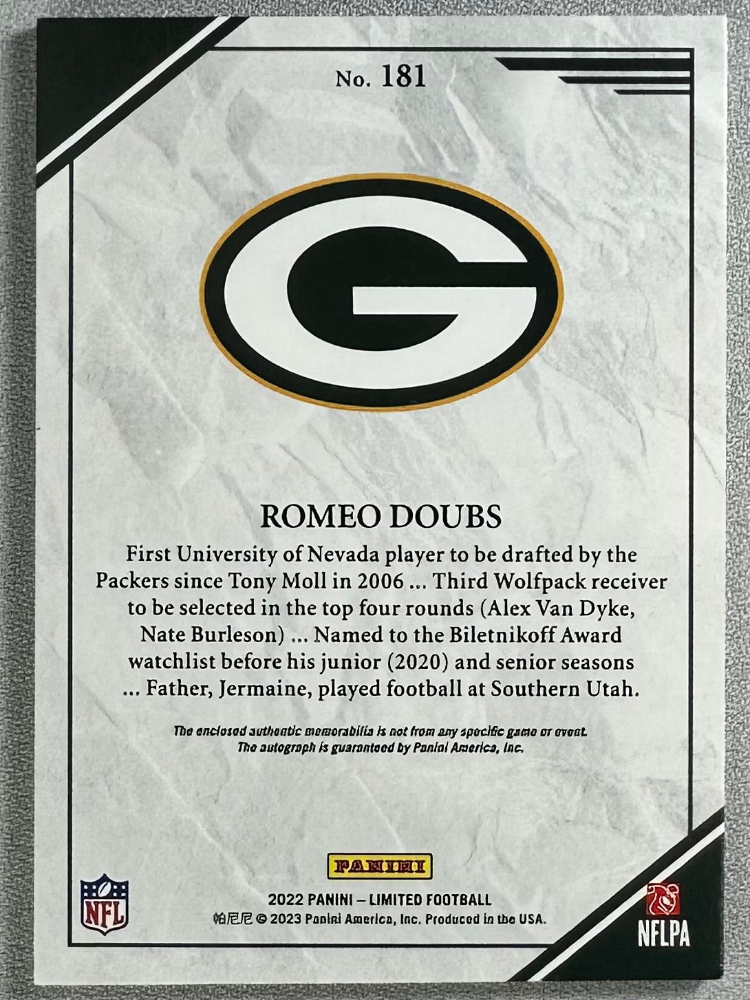 2022 Panini Limited Romeo Doubs RPA /99 #181 RC