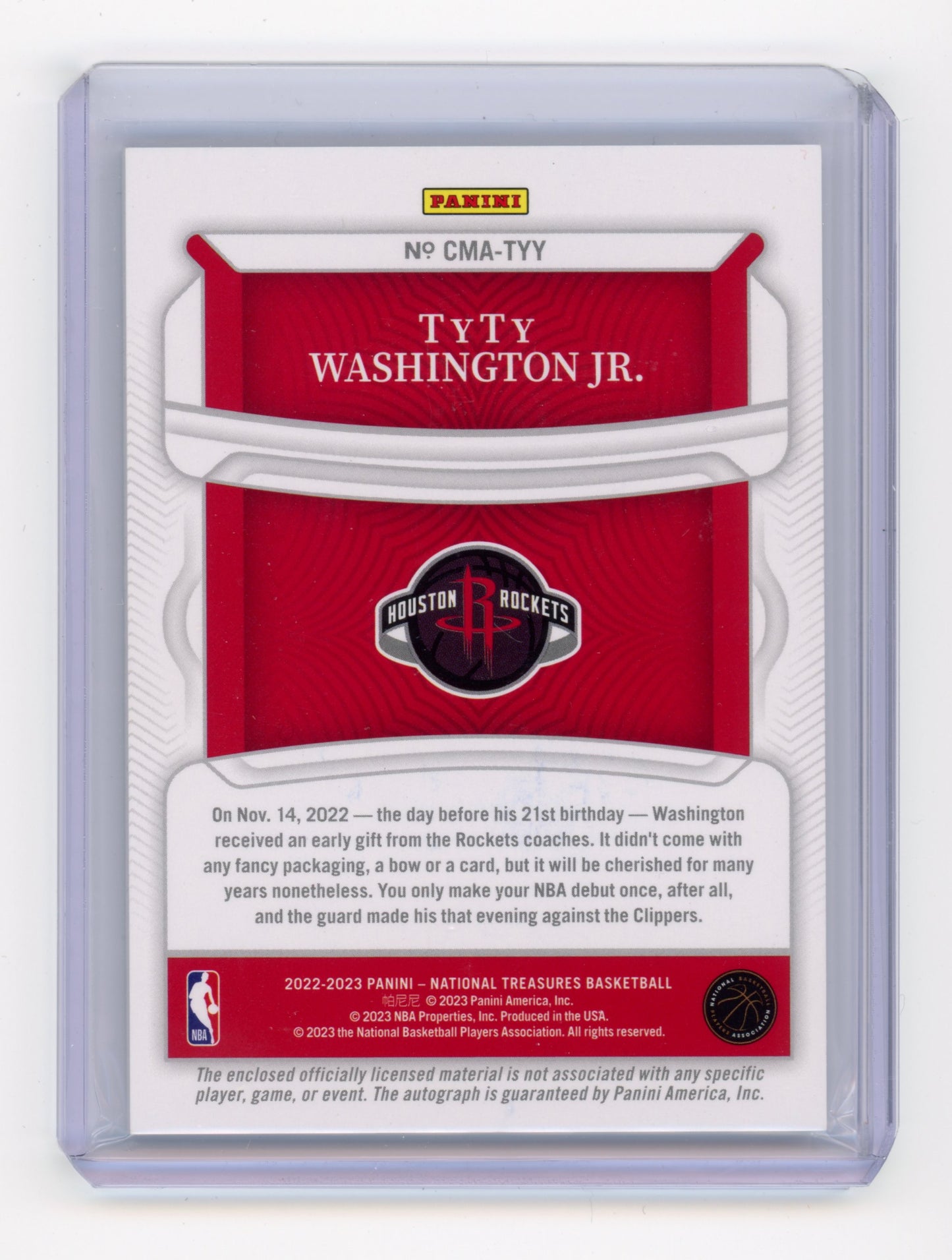 2022 Panini National Treasures TyTy Washington Jr. Colossal Material Auto /49 RC