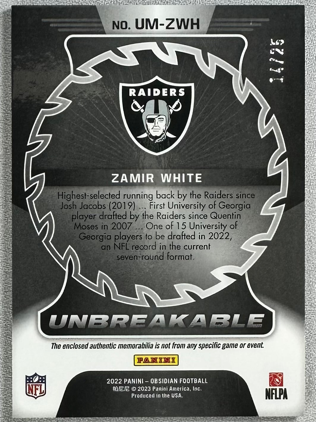 2022 Panini Obsidian Zamir White Unbreakable Material Yellow /25 #UN-ISP RC