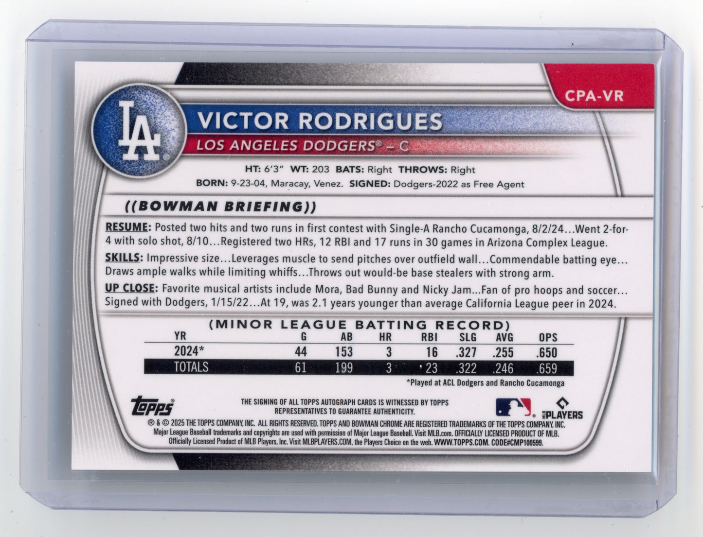 2025 Bowman Victor Rodrigues Chrome Prospects Auto Gold Shimmer 23/50 #CPA-VR