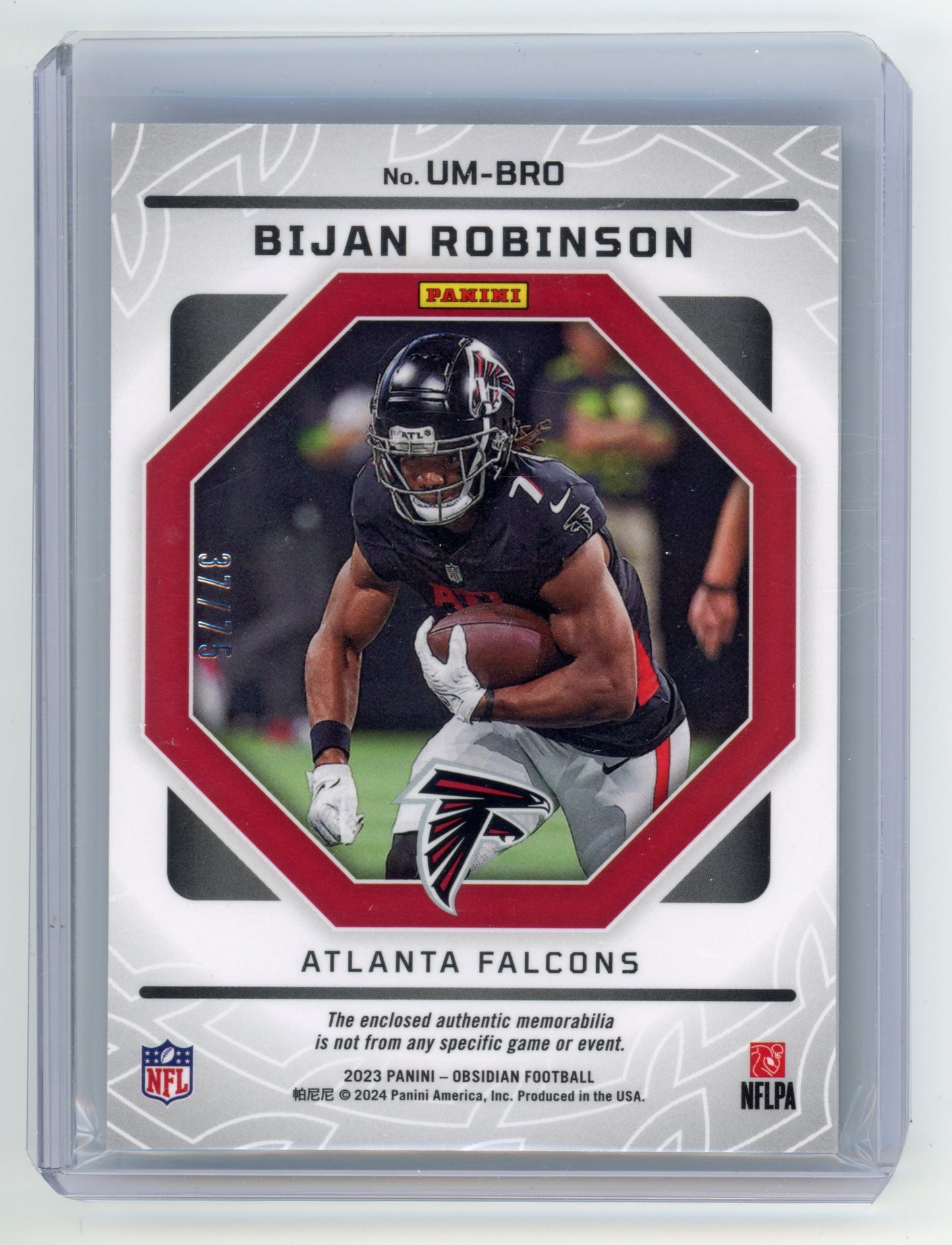 2024 Panini Obsidian Bijan Robinson Unbreakable Memorabilia Purple 37/75 #UM-BRO