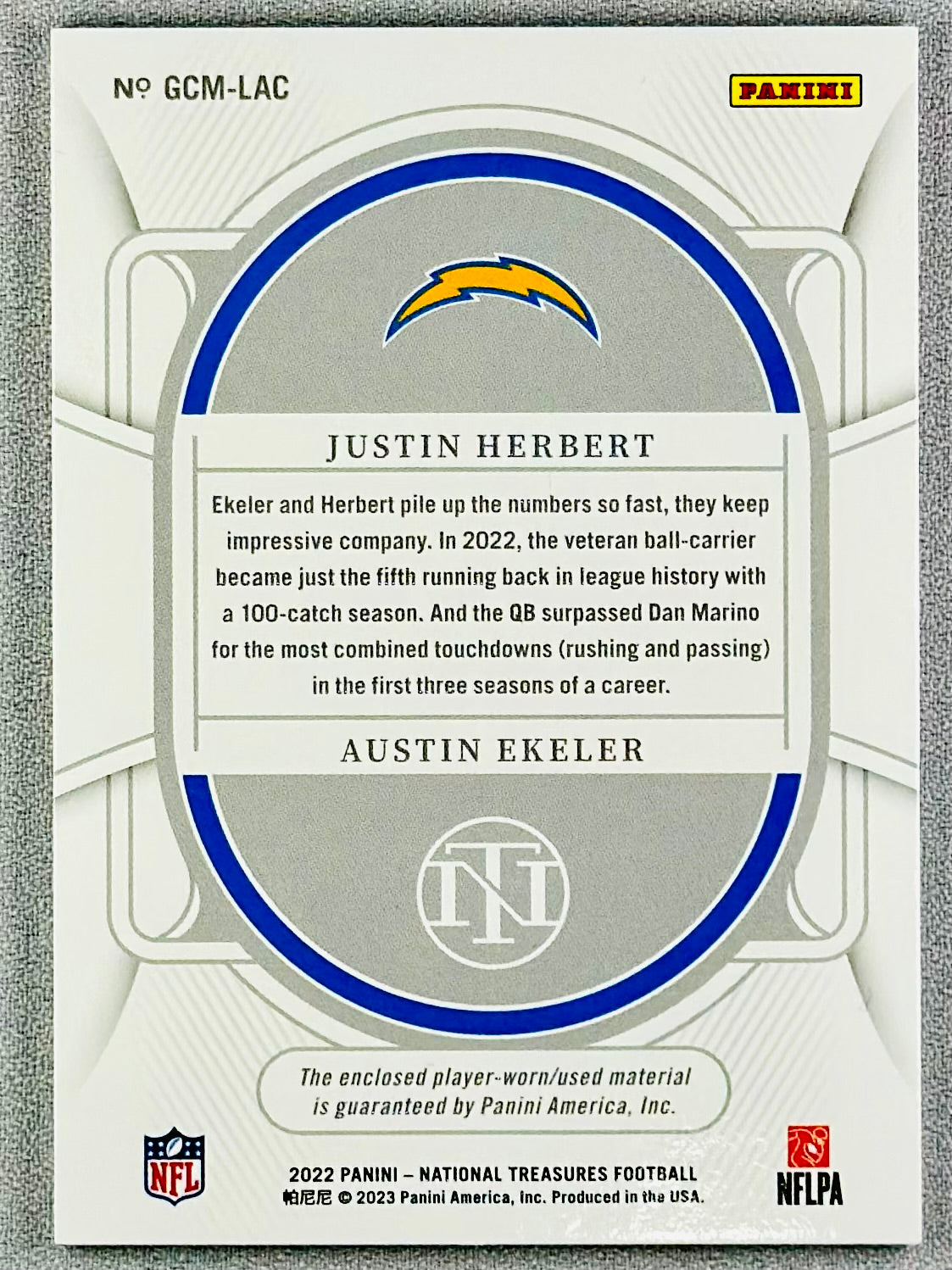 2022 Panini National Treasures Herbert/Ekeler NFL Gear Combo /99 #GCM-LAC