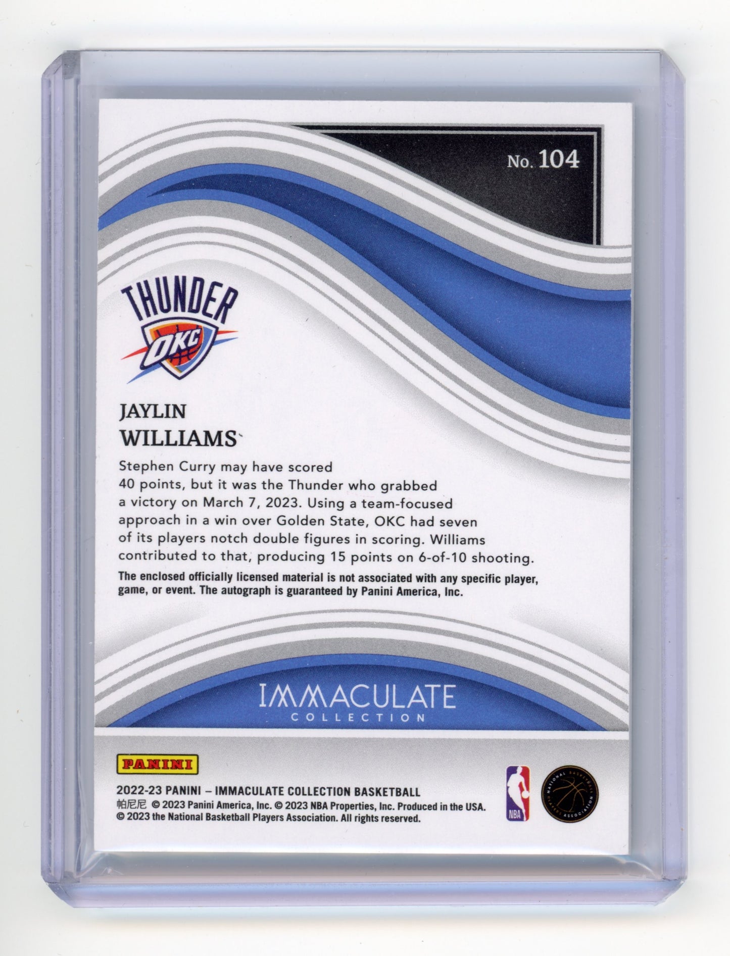 2022 Panini Immaculate Jaylin Williams Rookie Patch Autograph FOTL 2/8 RC #104
