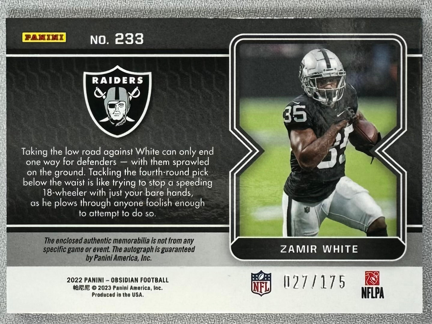 2022 Panini Obsidian Zamir White RPA /175 #233 RC