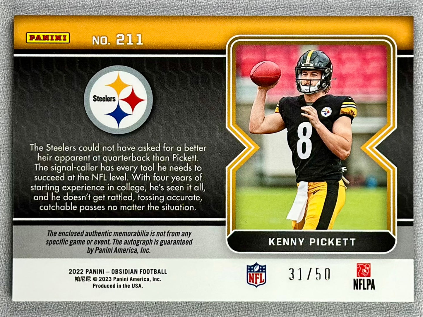2022 Panini Obsidian Kenny Pickett RPA Green /50 #211 RC