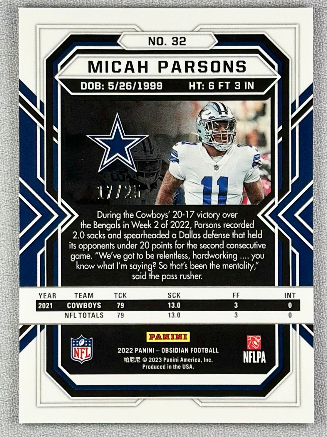 2022 Panini Obsidian Micah Parsons Yellow /25 #32