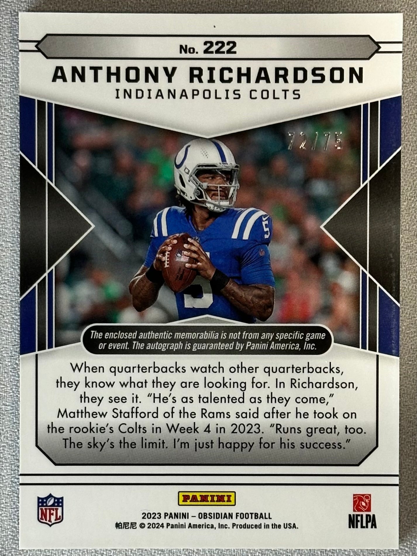 2023 Panini Obsidian Anthony Richardson RPA Purple /75 #222 RC