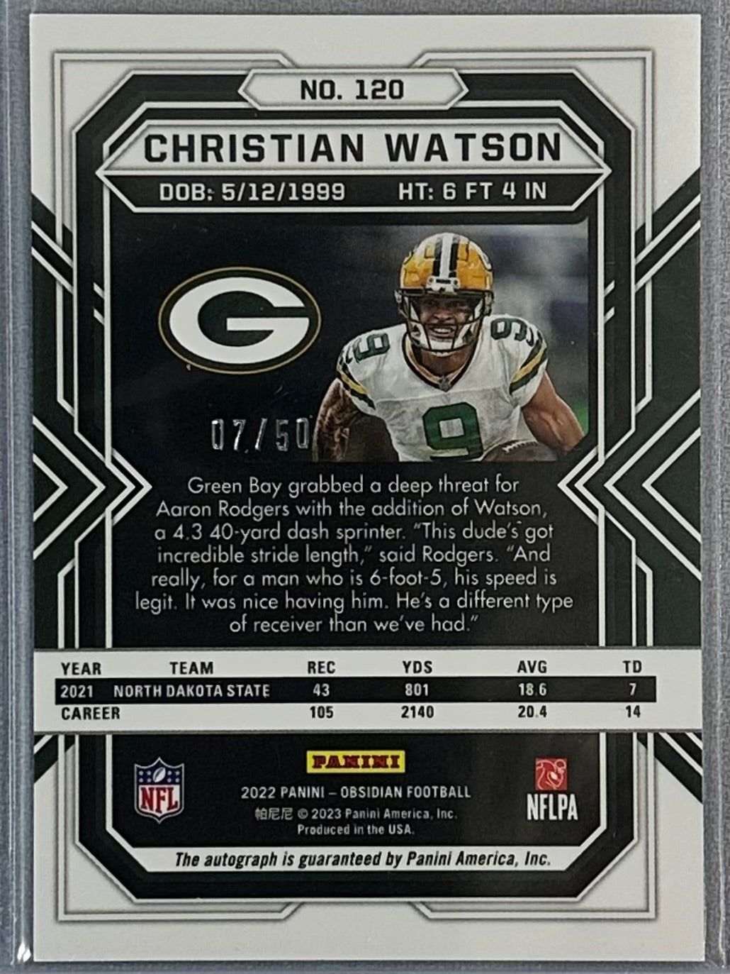 2022 Panini Obsidian Christian Watson Rookie Auto Green /50 #120