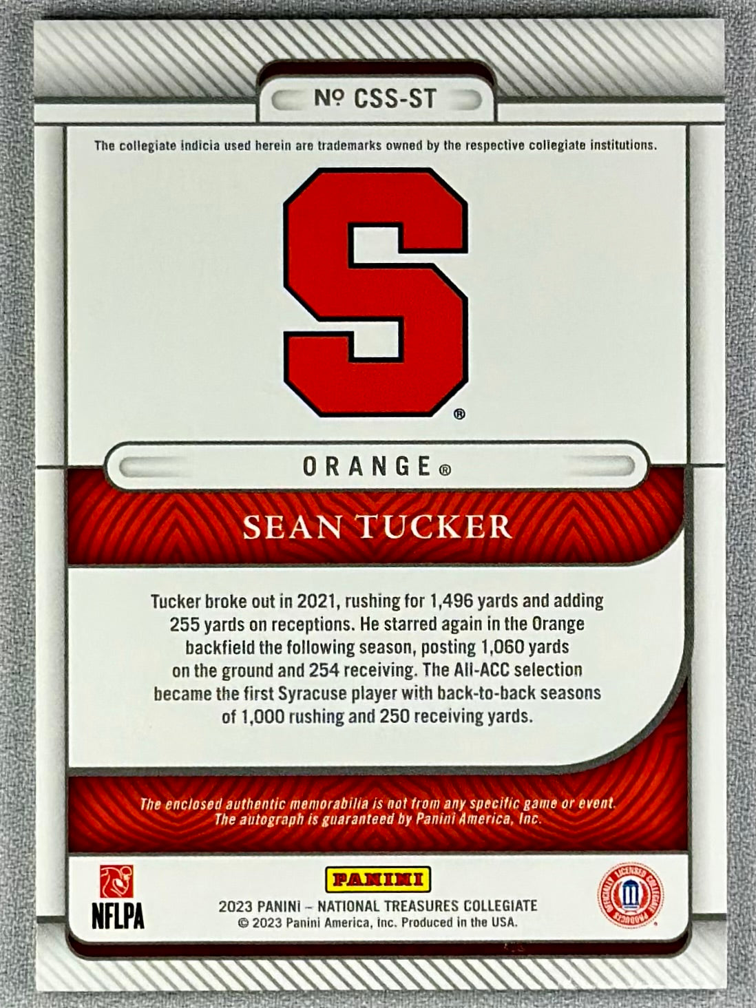 2023 Panini National Treasures Sean Tucker College Silhouette Auto Gold /10 RC