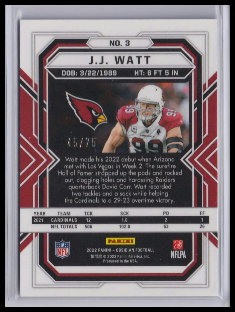 JJ Watt 2022 Obsidian Electric Etch Orange /75 #3