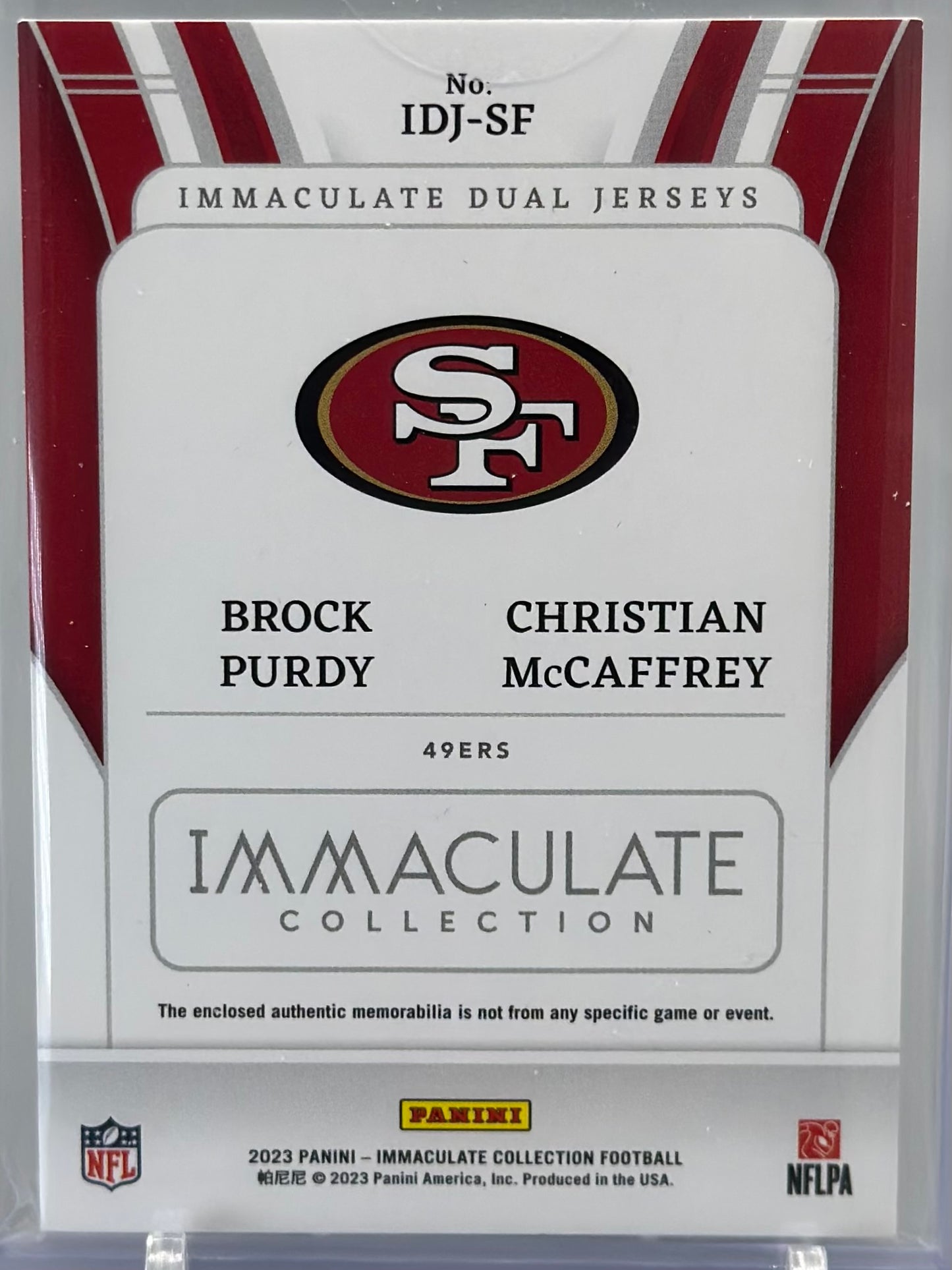 Brock Purdy Christian McCaffrey 2023 Panini Immaculate Dual Jerseys /49 #ODJ-SF