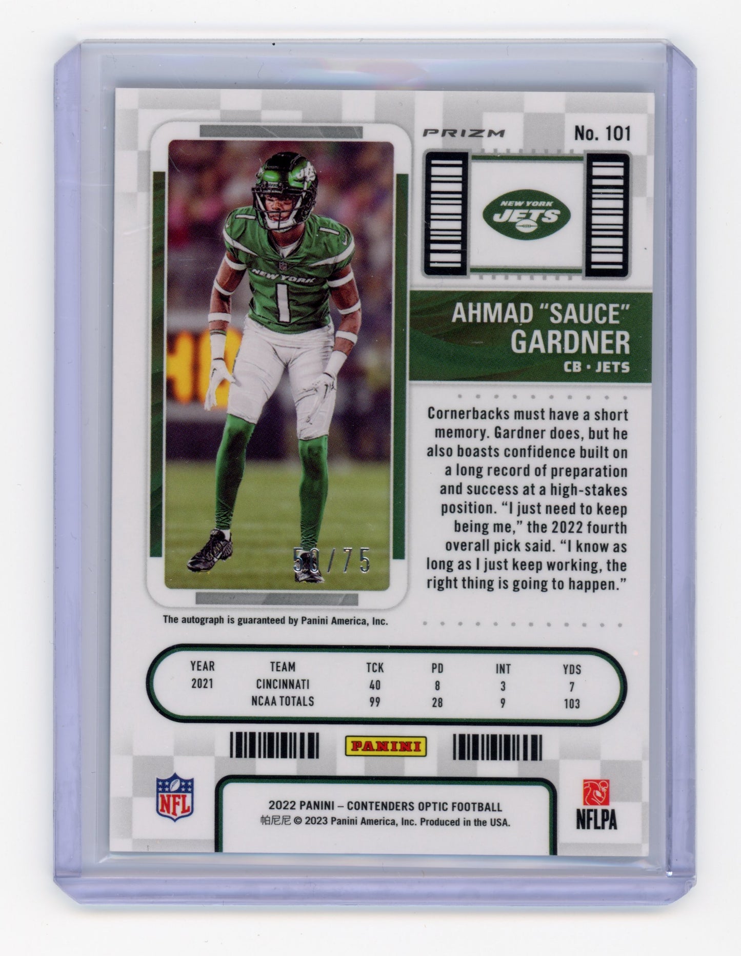 2022 Panini Contenders Optic Ahmad Gardner Rookie Ticket Auto Blue 50/75 RC #101