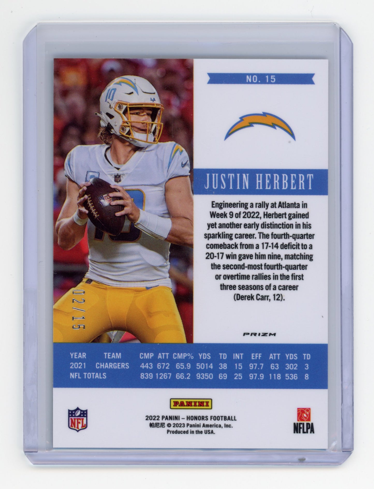 2022 Panini Honors Justin Herbert Blue 02/15 #15