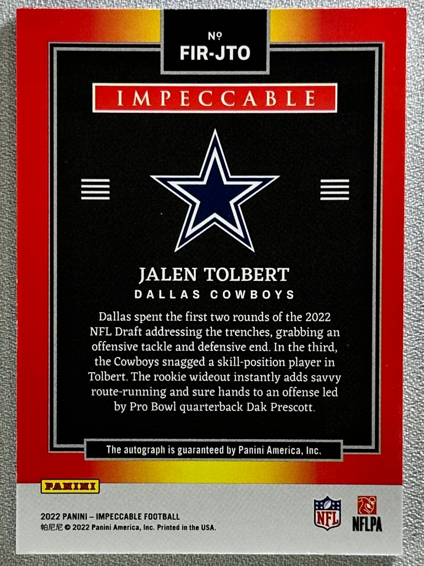 2022 Panini Impeccable Jalen Tolbert Firestarter Auto /50 #FIRJTO RC