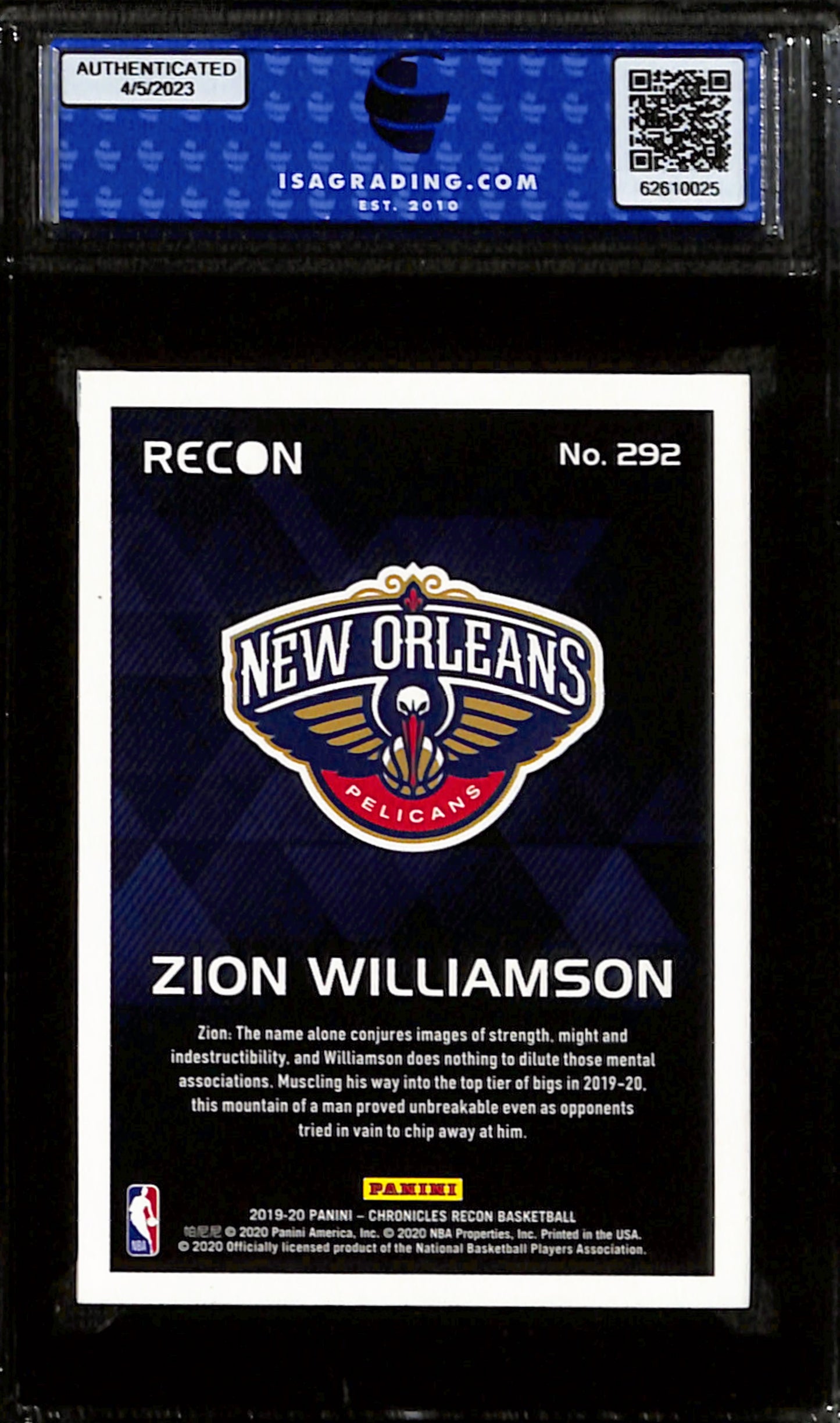 2019-20 Panini Chronicles Zion Williamson Recon #292 ISA 9