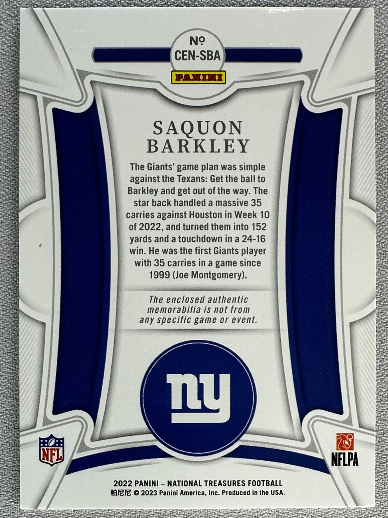 2022 Panini National Treasures Saquon Barkley Century Materials /99 #CEN-SBA