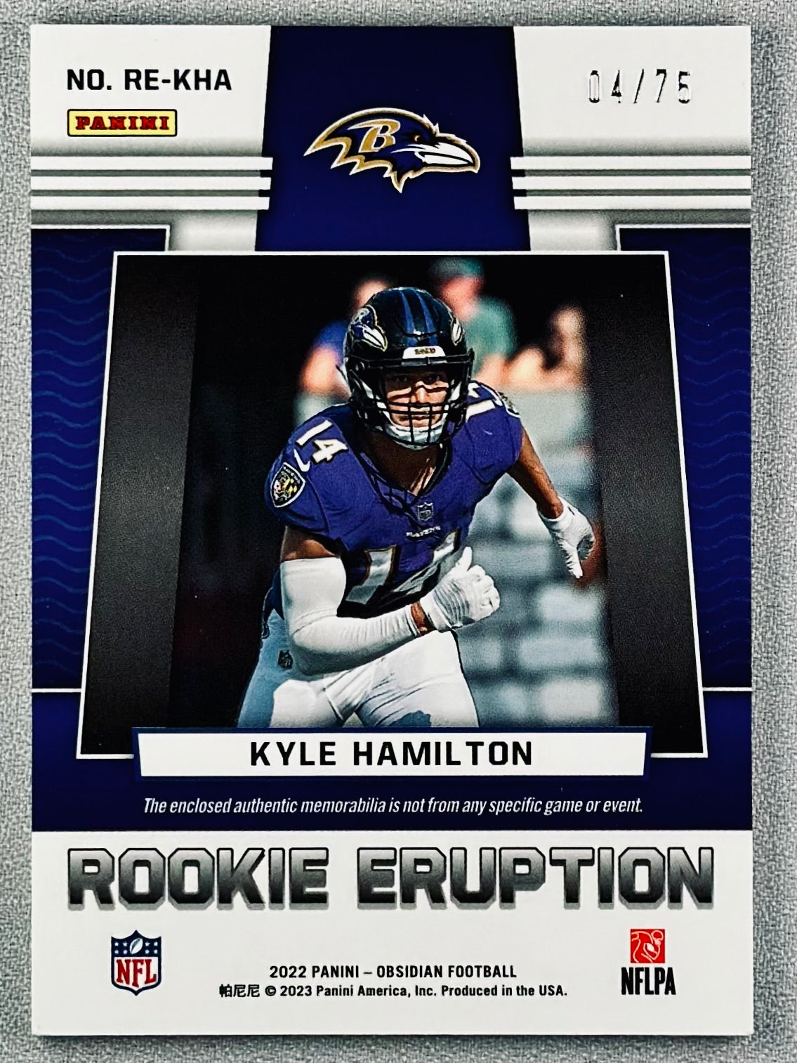 2022 Panini Obsidian Kyle Hamilton Rookie Eruption Orange /75 #RE-KHA RC