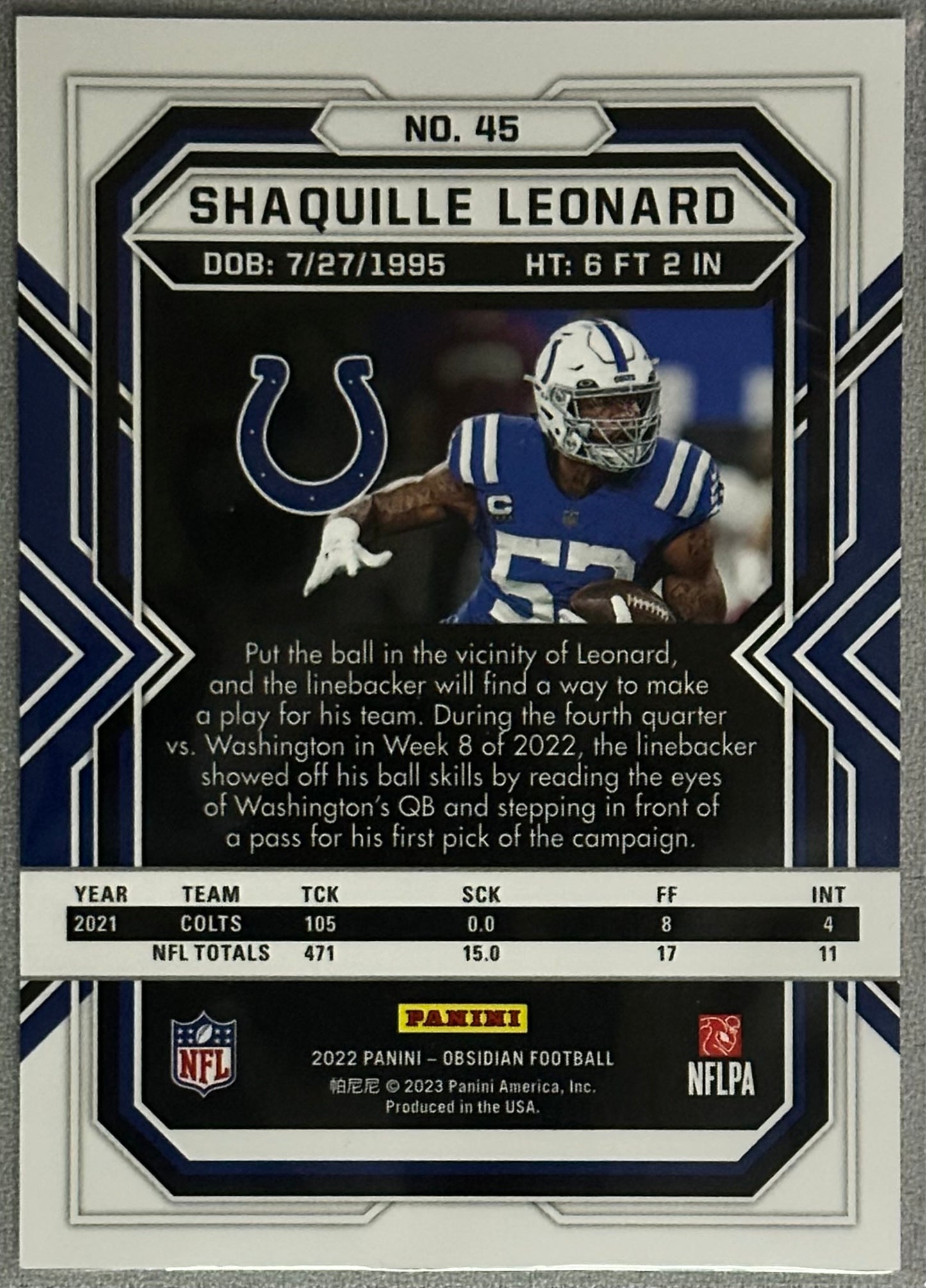 Shaquille Leonard 2022 Panini Obsidian White Contra #45