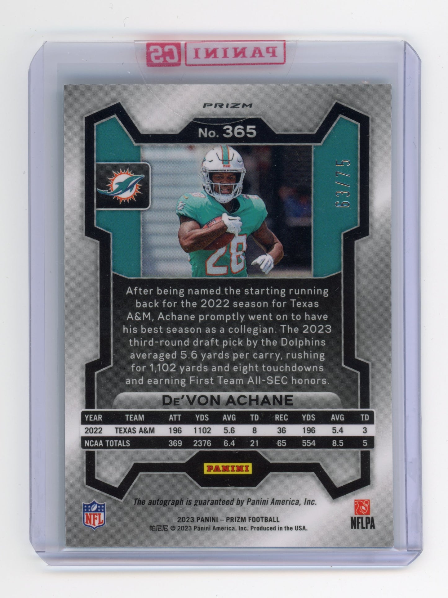 2023 Panini Prizm De'Von Achane Rookie Autograph Green Scope 63/75 #365
