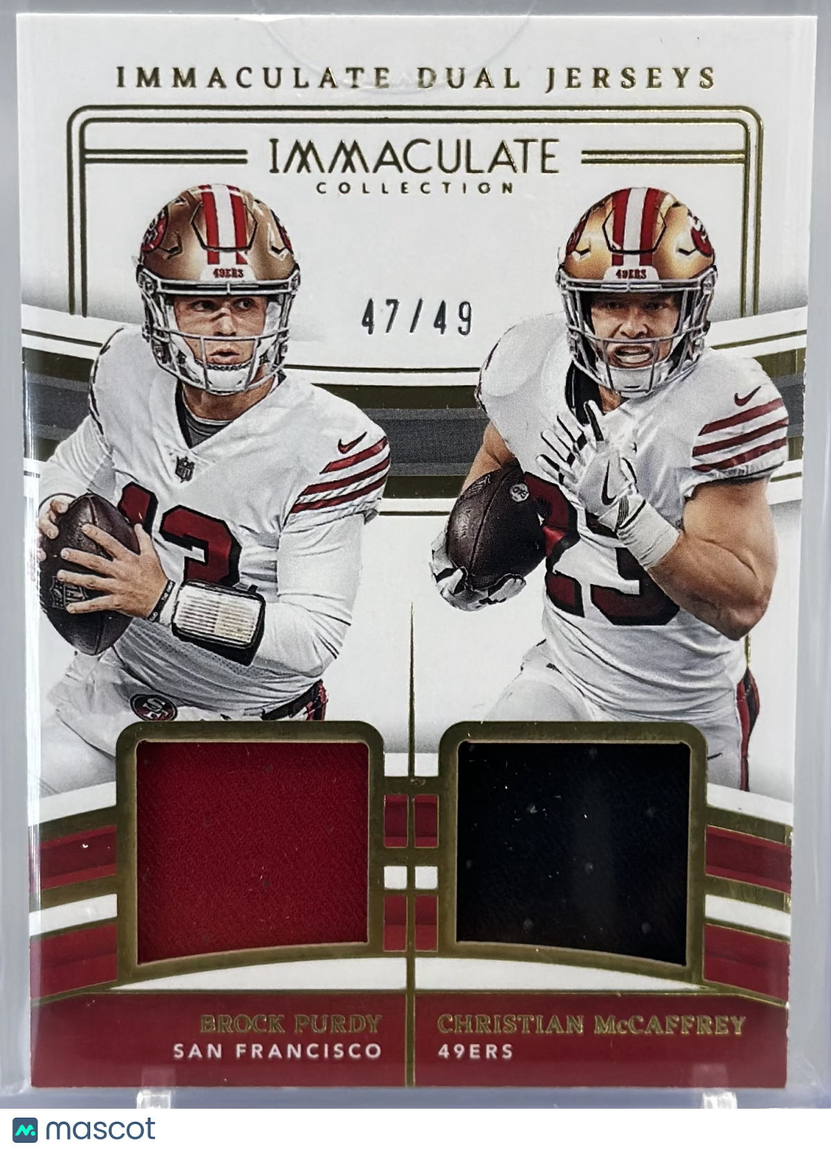 Brock Purdy Christian McCaffrey 2023 Panini Immaculate Dual Jerseys /49 #ODJ-SF