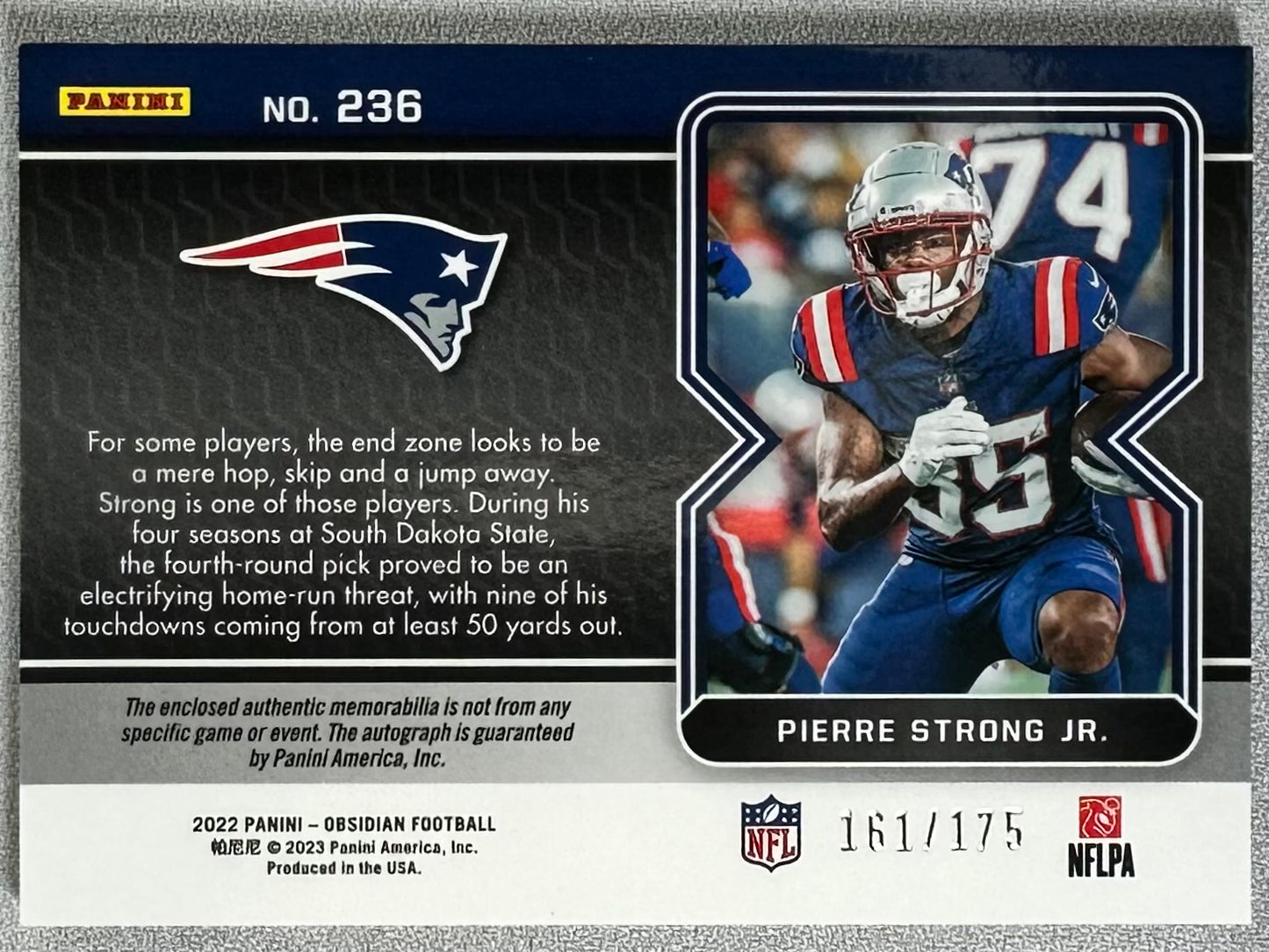 2022 Panini Obsidian Pierre Strong Jr. Rookie Jersey Auto /175 #236 RC