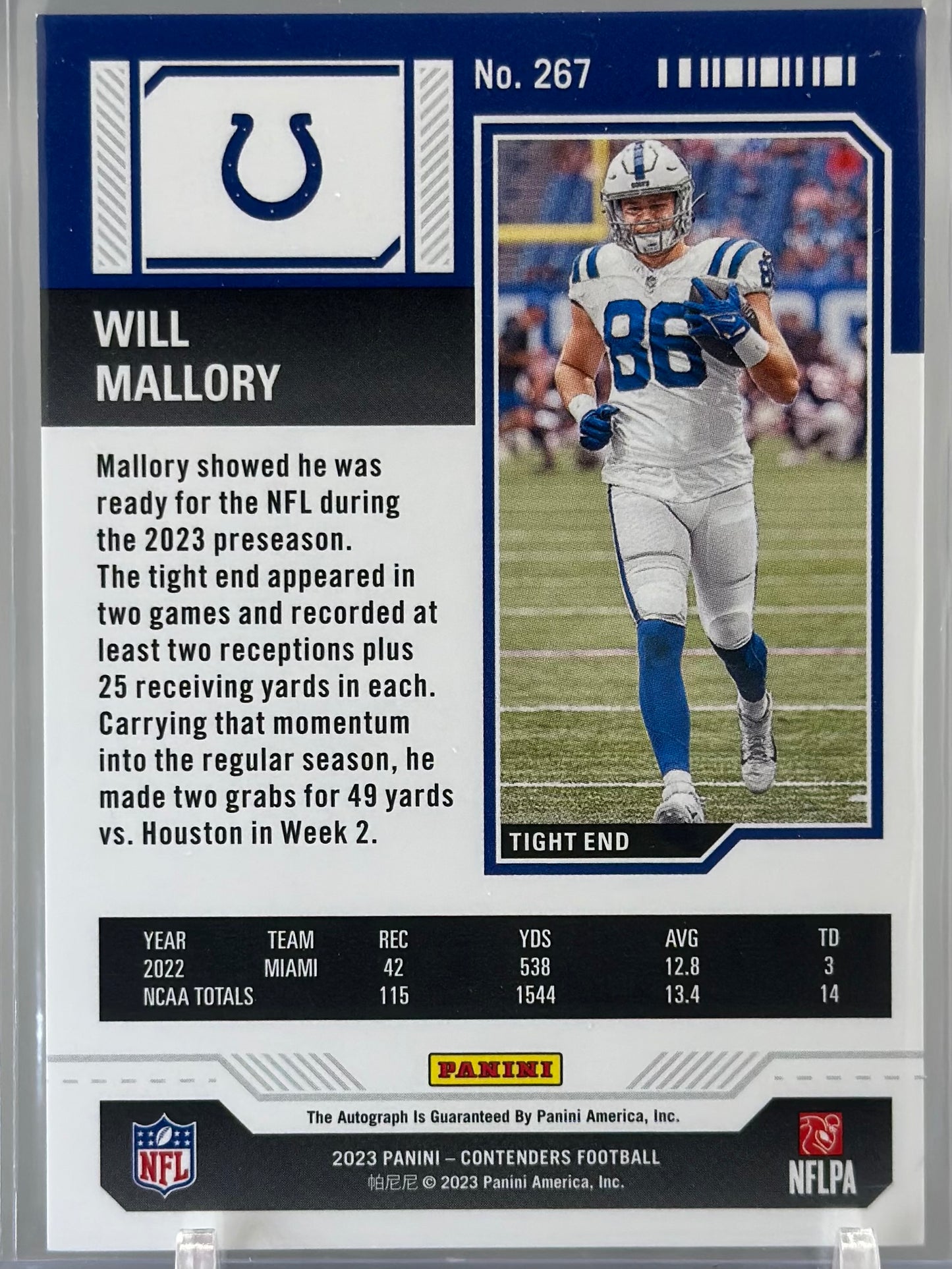 Will Mallory 2023 Panini Contenders Rookie Ticket Auto #267 RC