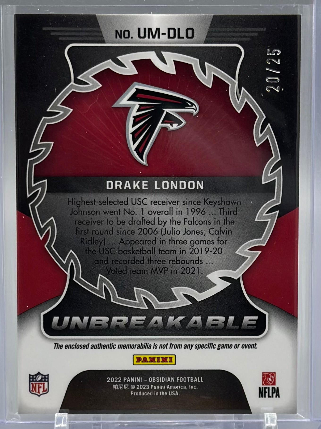 Drake London 2022 Panini Obsidian Unbreakable Yellow /25 #UM-DLO RC