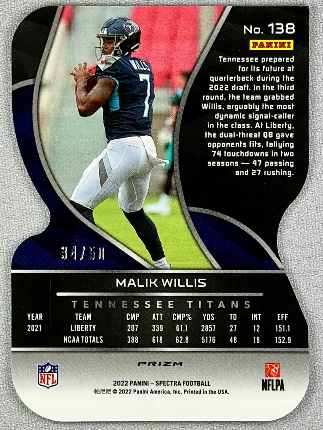 2022 Panini Spectra Malik Willis Blue Neon Die-Cut /50 #138 RC