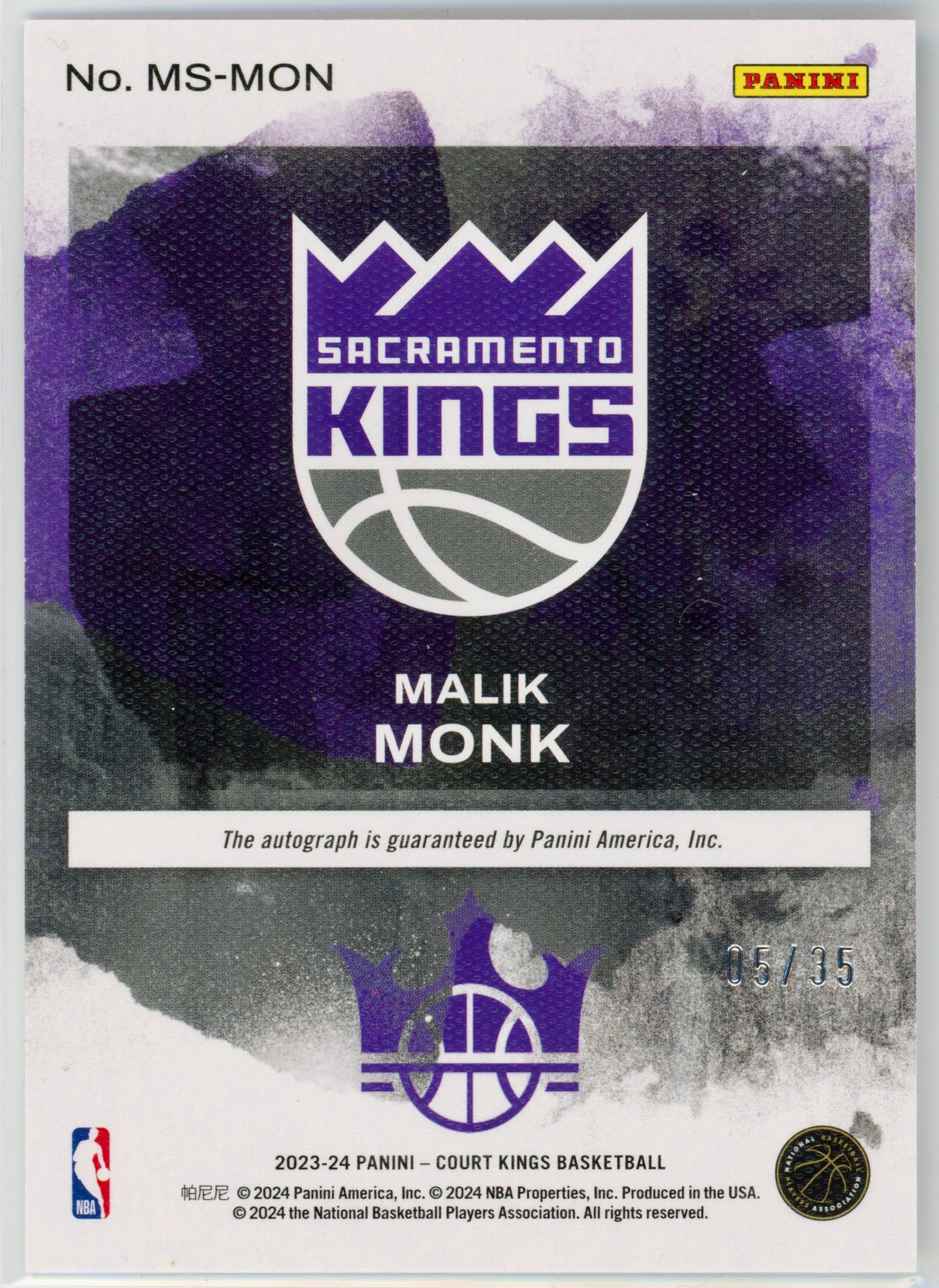 2023 Panini Court Kings Malik Monk Masterstrokes Signatures Violet /35 #MS-MON