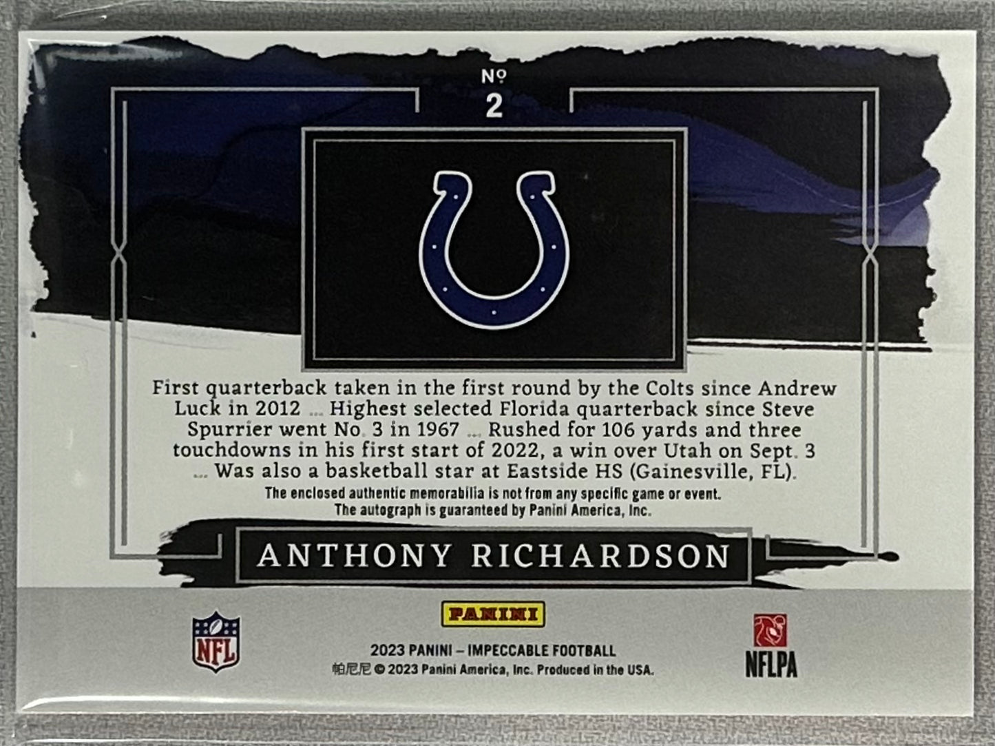 Anthony Richardson 2023 Panini Impeccable Elegance Rookie Helmet Patch Auto /75