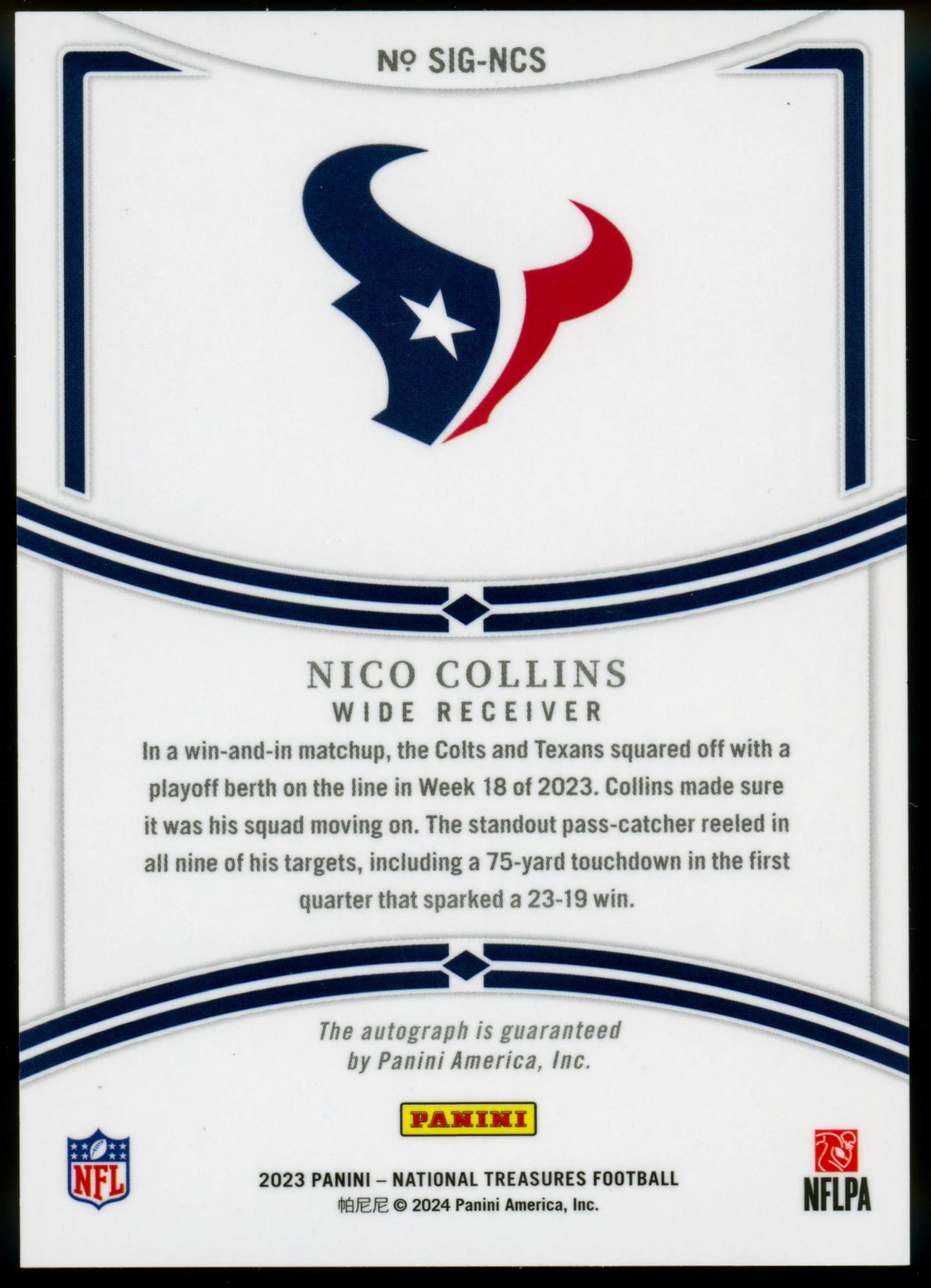 2023 Panini National Treasures Nico Collins Signatures Gold /49 #SIG-NCS