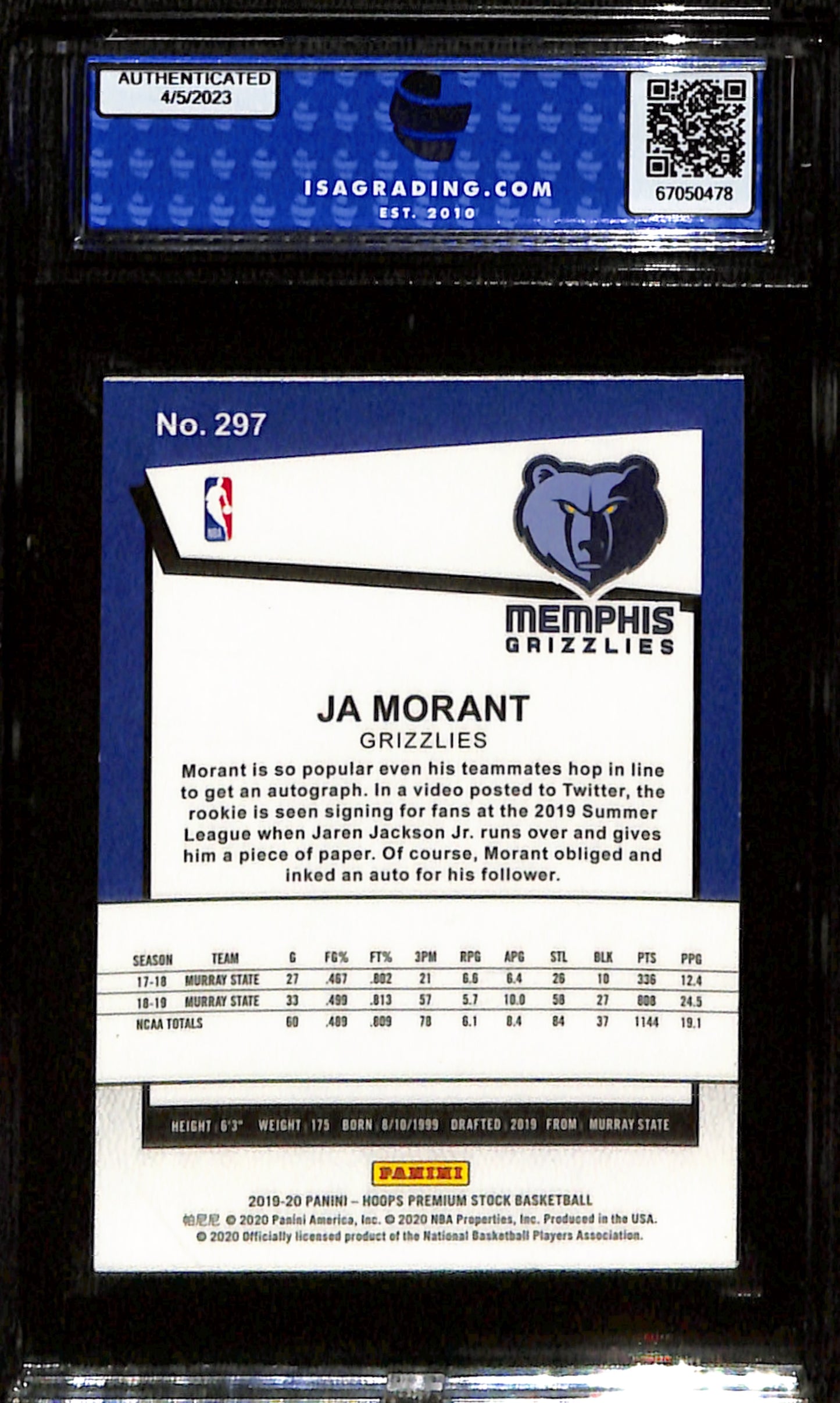 2019-20 Hoops Premium Stock Ja Morant #297 ISA 9