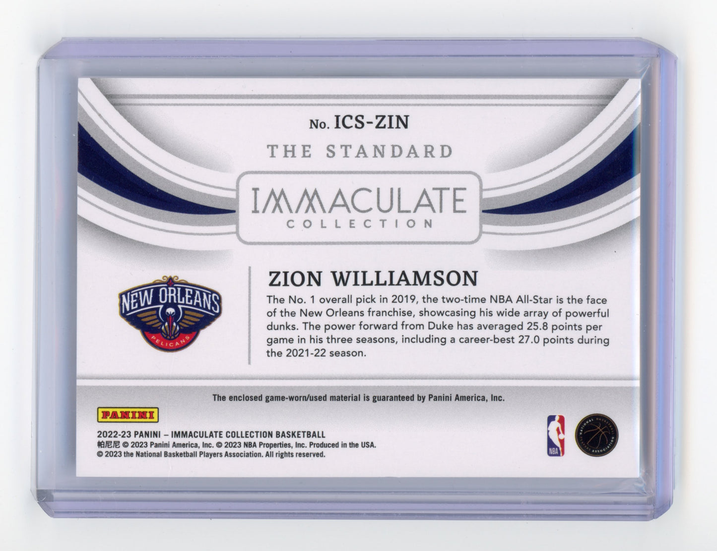 2022 Panini Immaculate Zion Williamson The Standard Materials 68/99 #ICS-ZIN