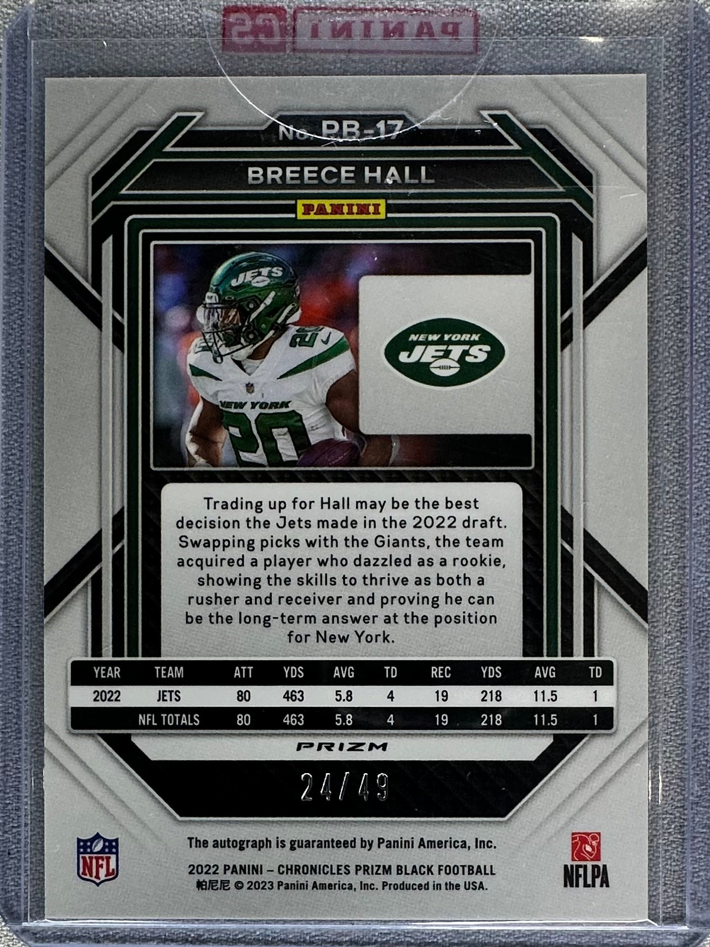 2022 Panini Chronicles Breece Hall Prizm Black Rookie Auto Green /49 #PB-17 RC