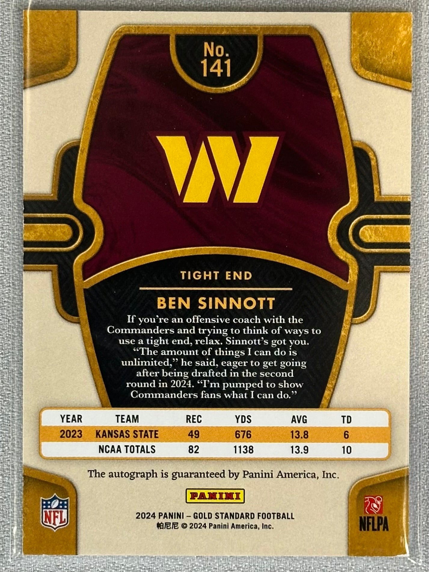 2024 Panini Gold Standard Ben Sinnott Rookie Autograph /299 #141 RC