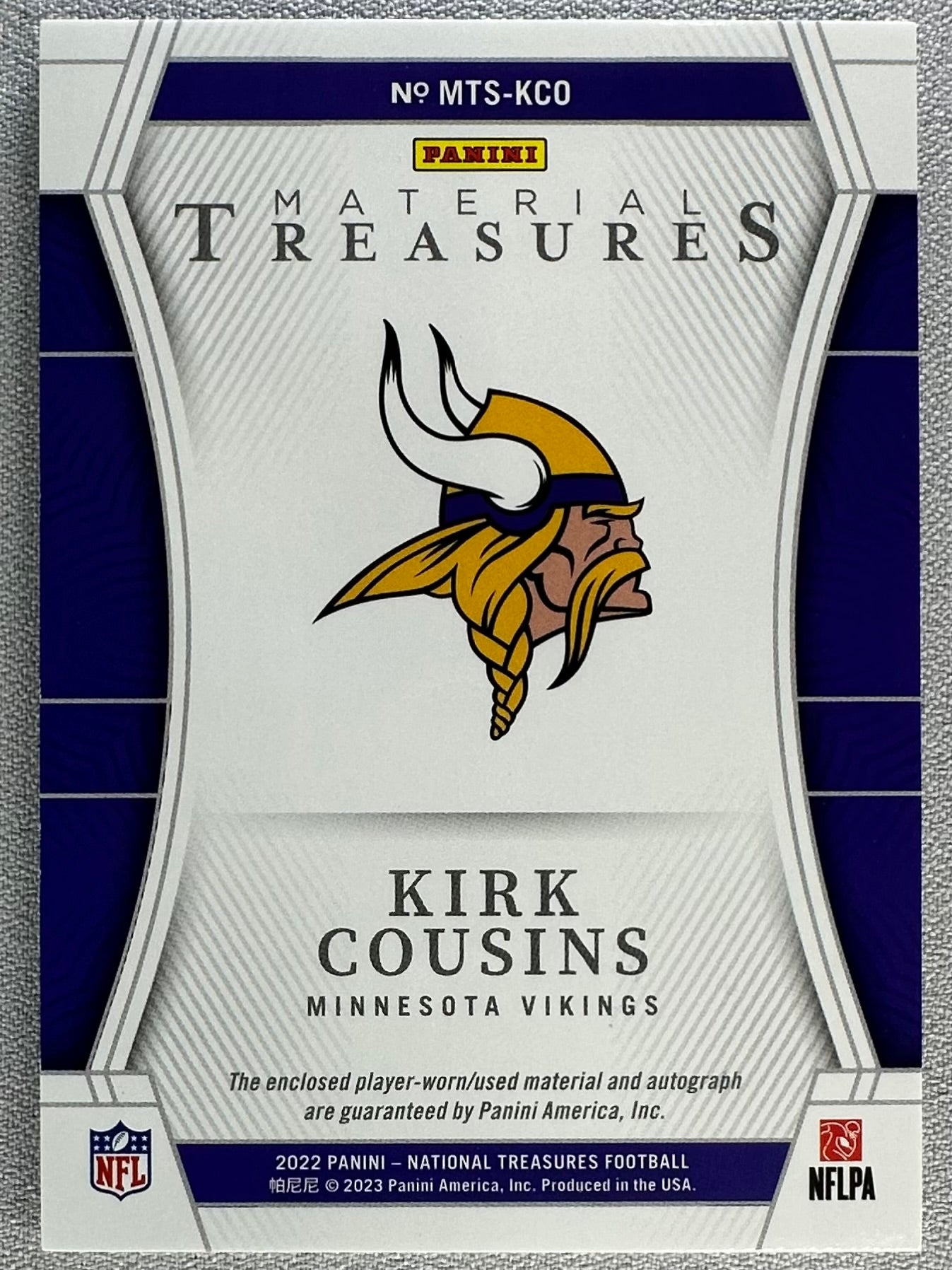 2022 Panini National Treasures Kirk Cousins Material Treasures Holo Silver /25