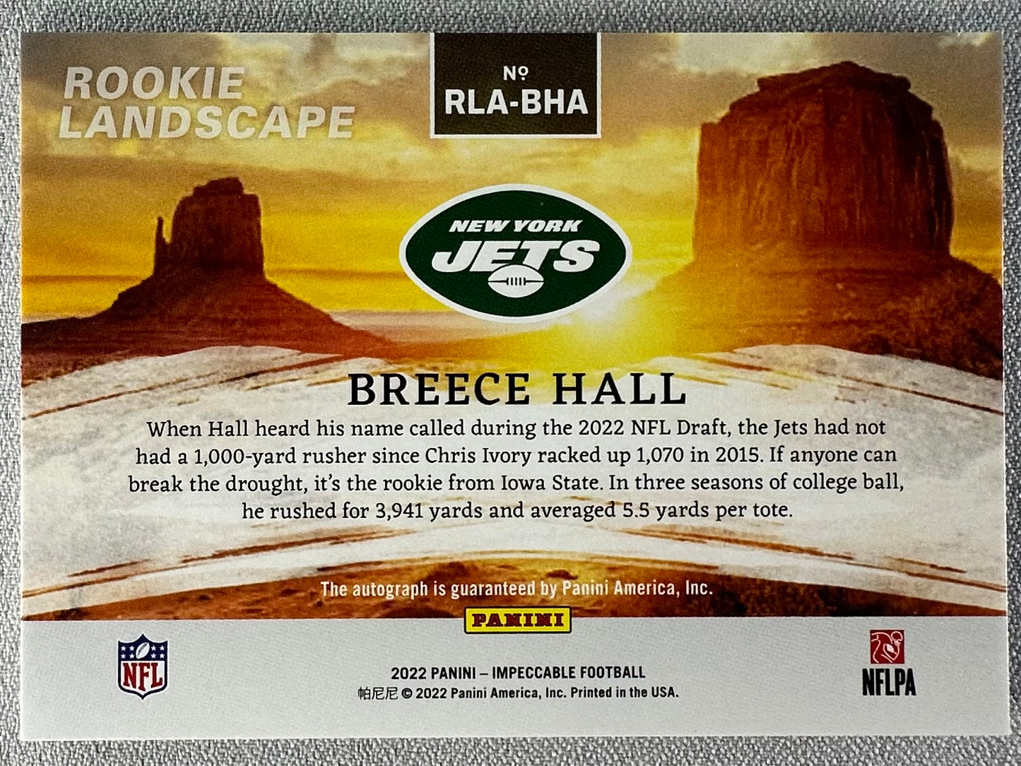 2022 Panini Impeccable Breece Hall Rookie Landscape Silver /49 #RLA-BHA RC