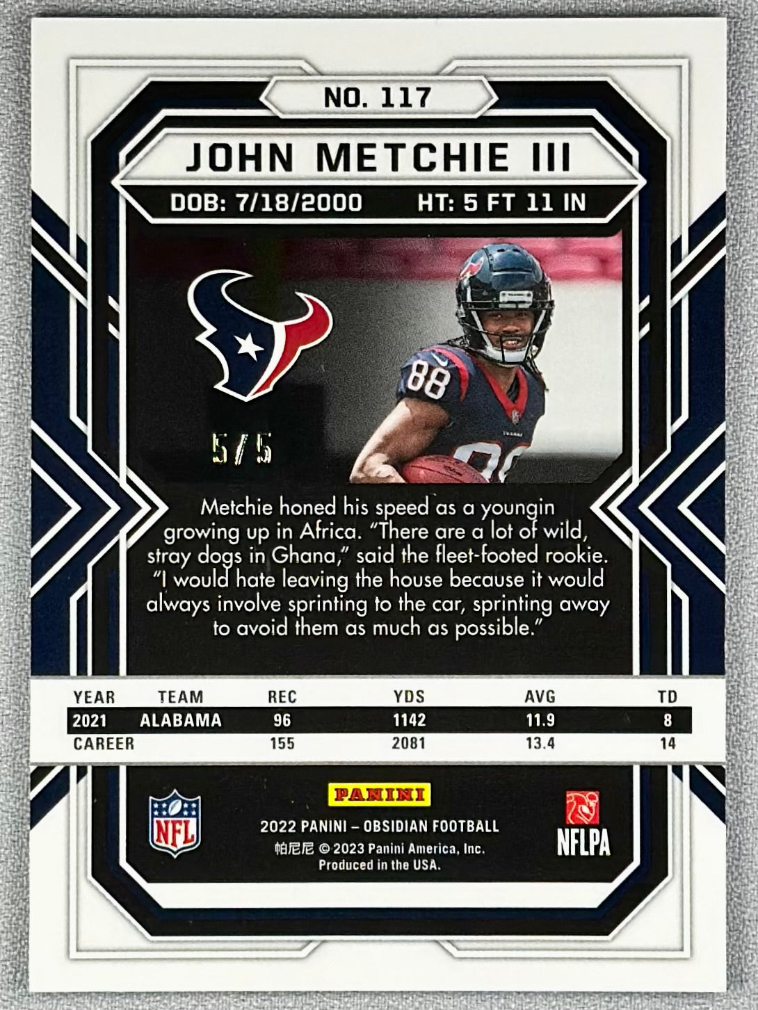 2022 Panini Obsidian John Metchie III Neon Mojo /5 #117 RC