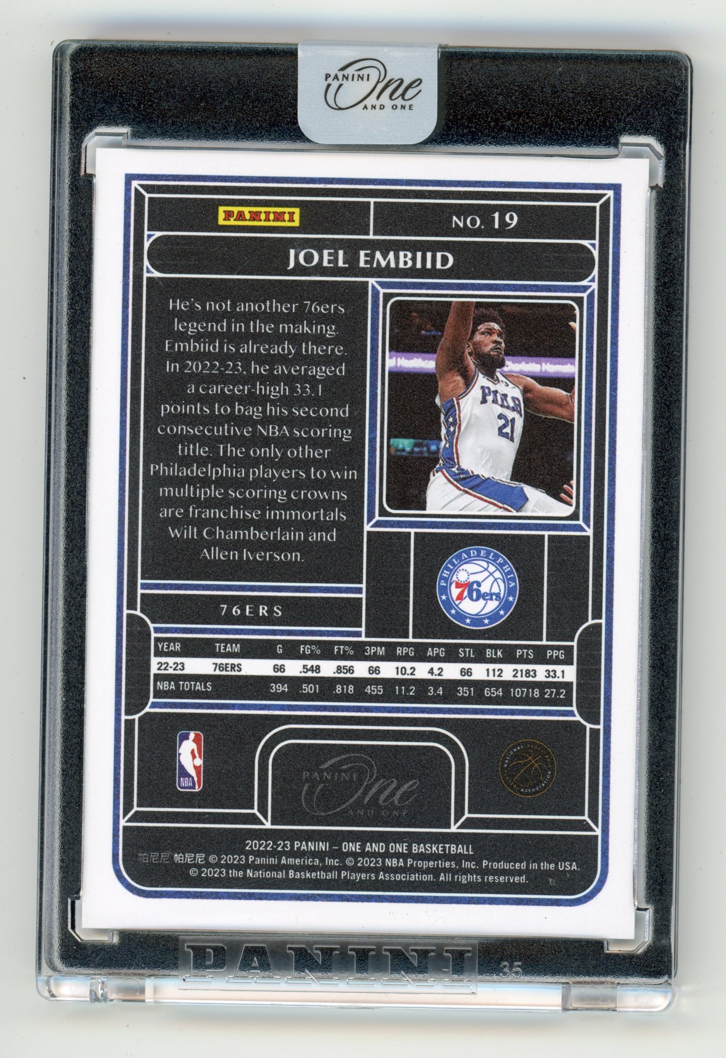 2022 Panini One and One Joel Embiid Blue 36/40 #19