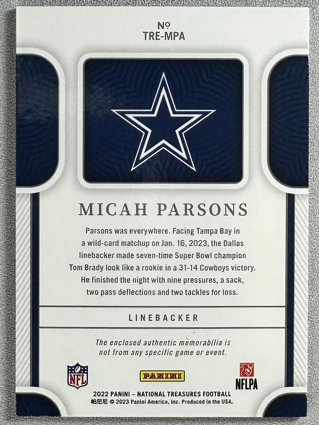 2022 Panini National Treasures Micah Parsons Tremendous Treasures /49 #TREMPA