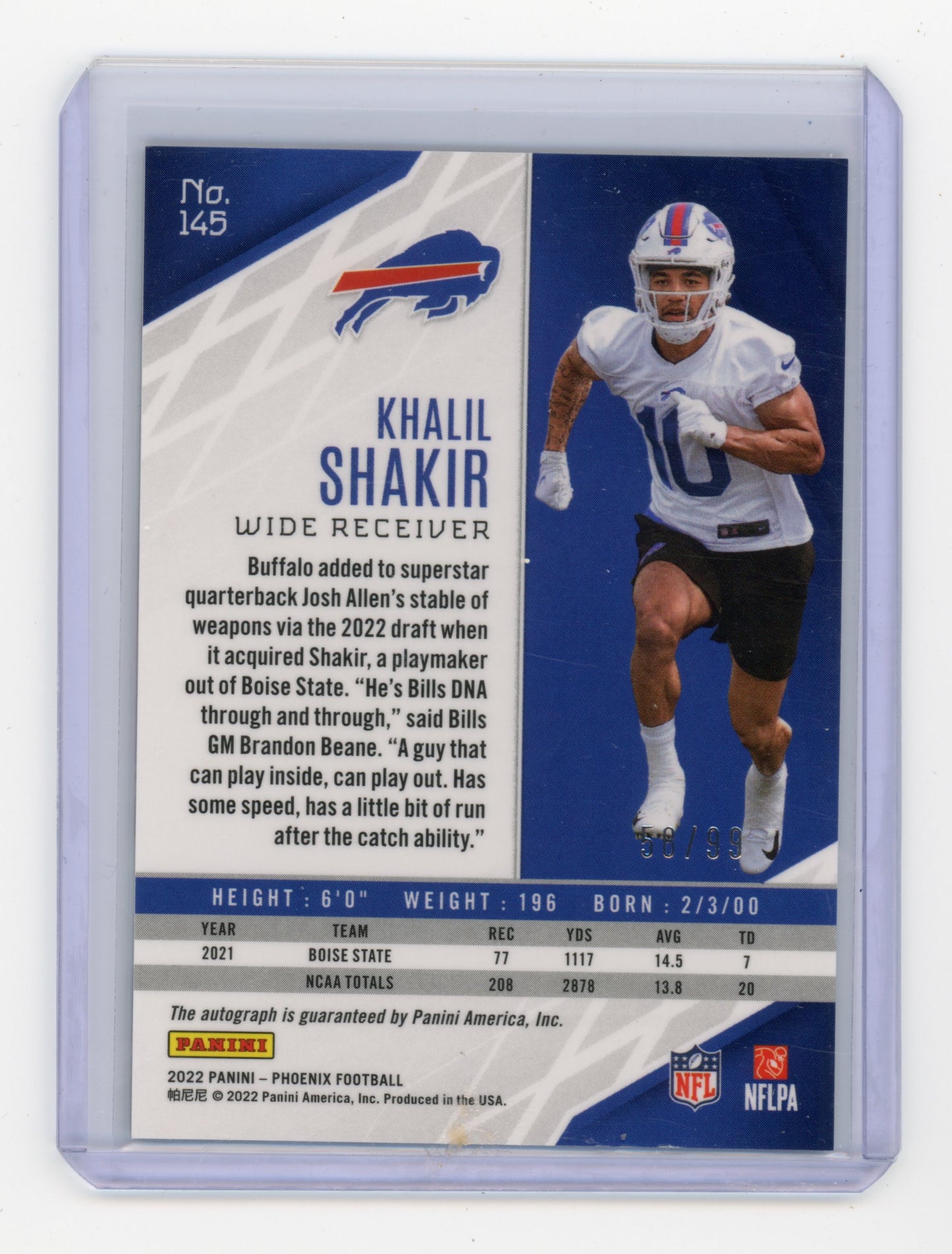 2022 Panini Phoenix Khalil Shakir Rookie Autograph Pink 58/99 RC #145