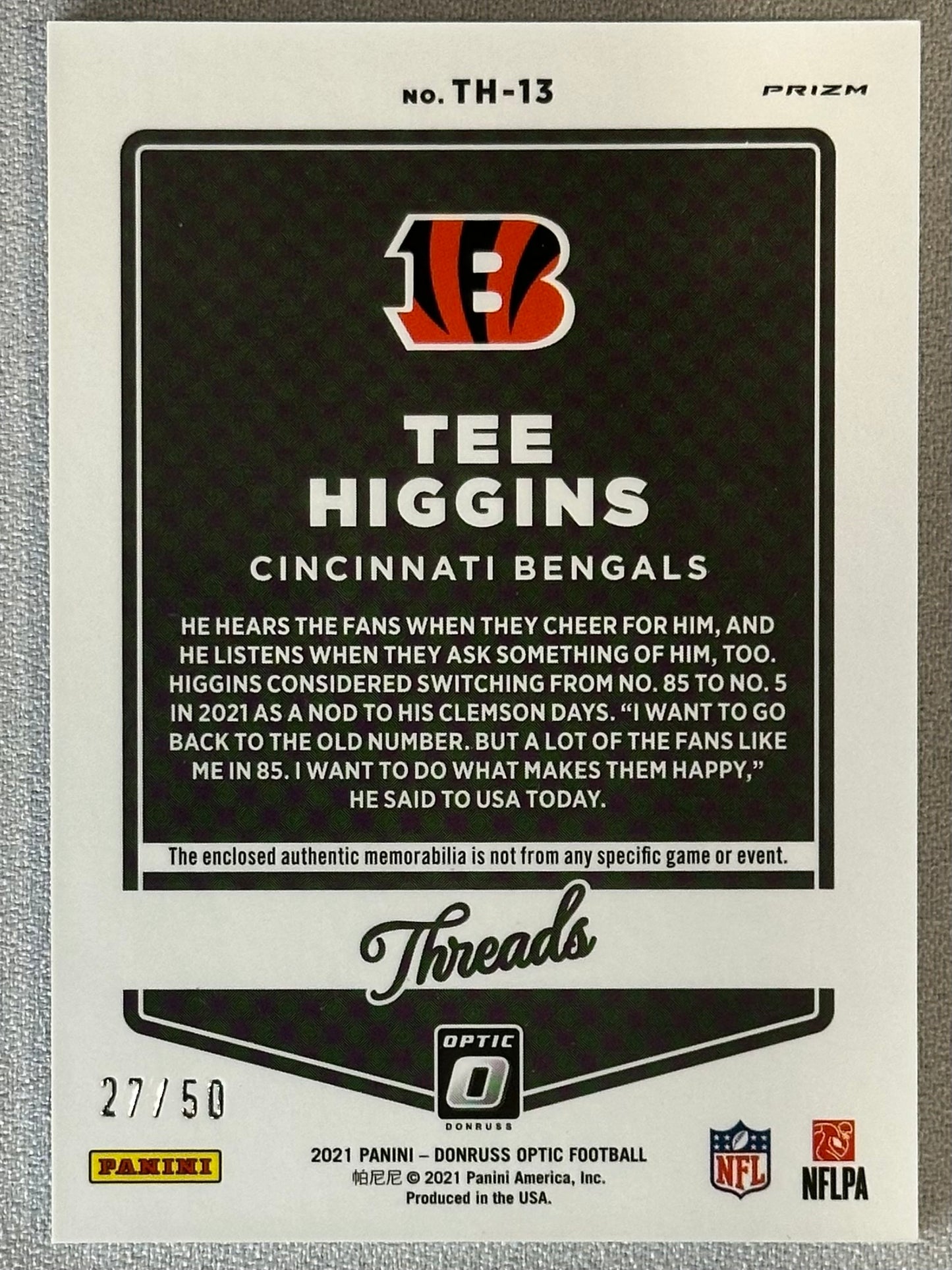 2021 Panini Donruss Optic Tee Higgins Threads Prime /50 #TH-13