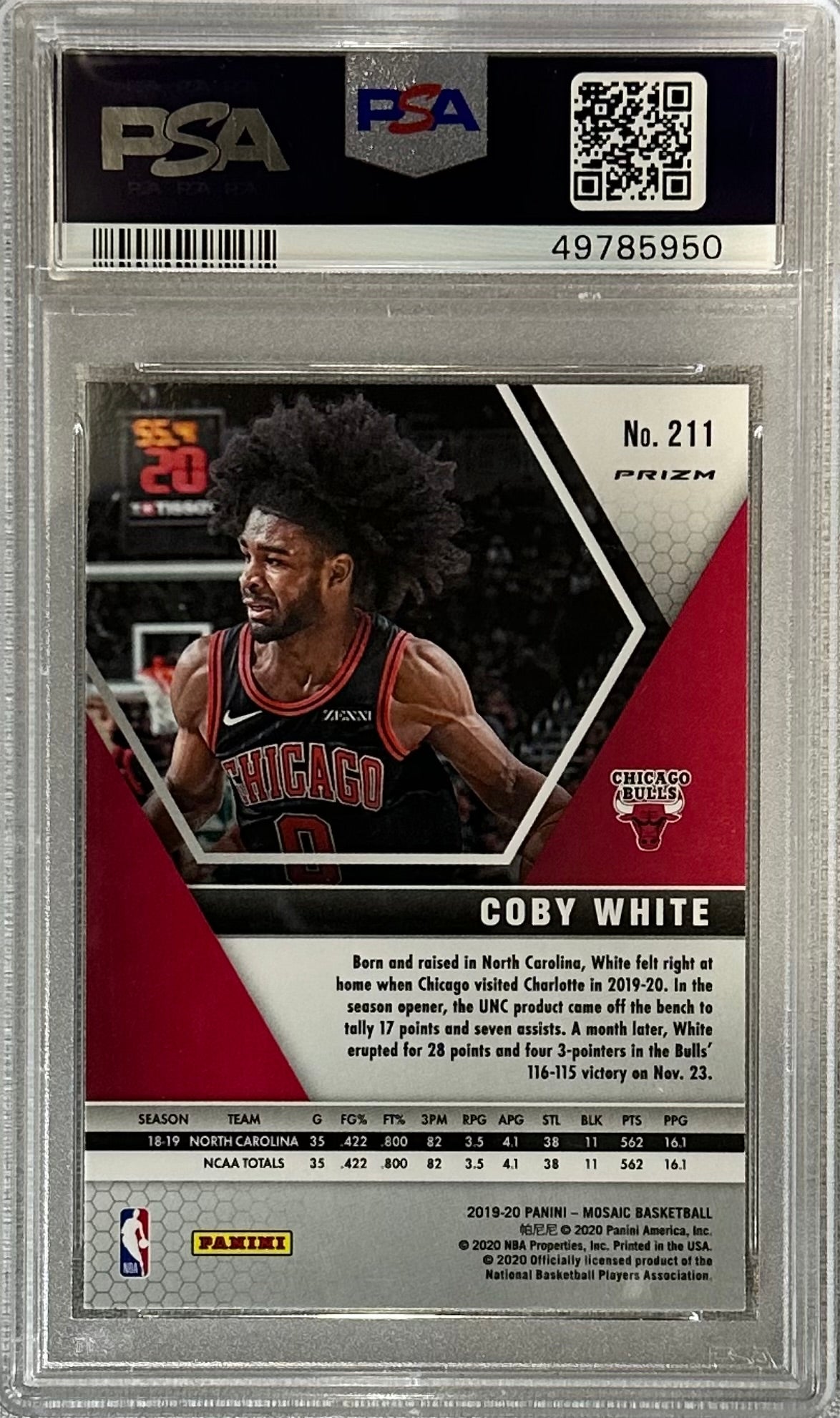 2019 Panini Mosaic Coby White Reactive Orange #211 RC PSA 10