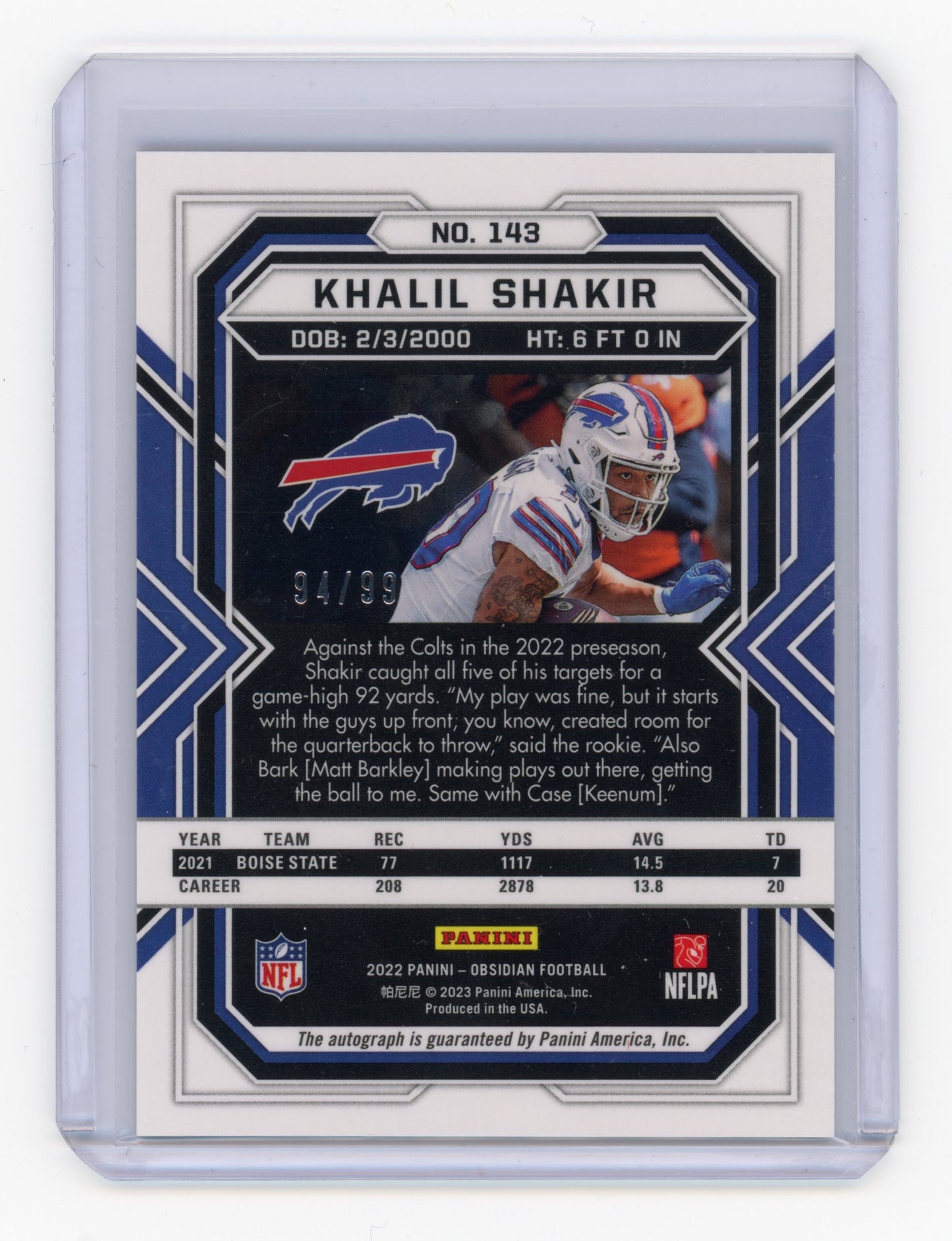 2022 Panini Obsidian Khalil Shakir Rookie Autograph Orange 94/99 RC #143