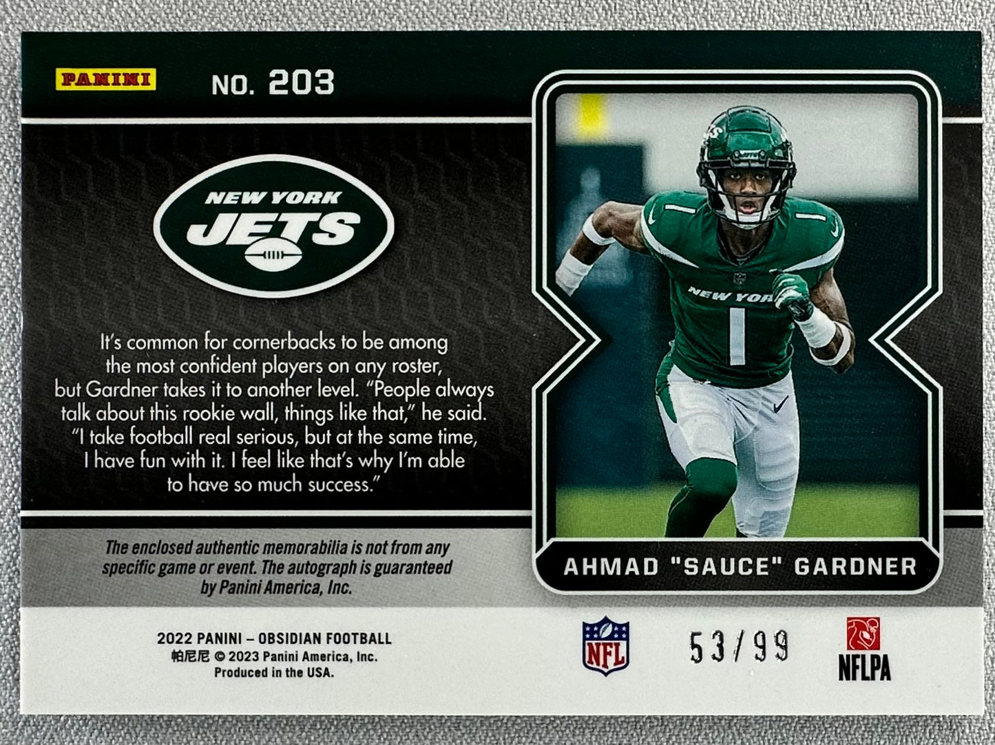 2022 Panini Obsidian Ahmad "Sauce" Gardner RPA Orange /99 #203 RC