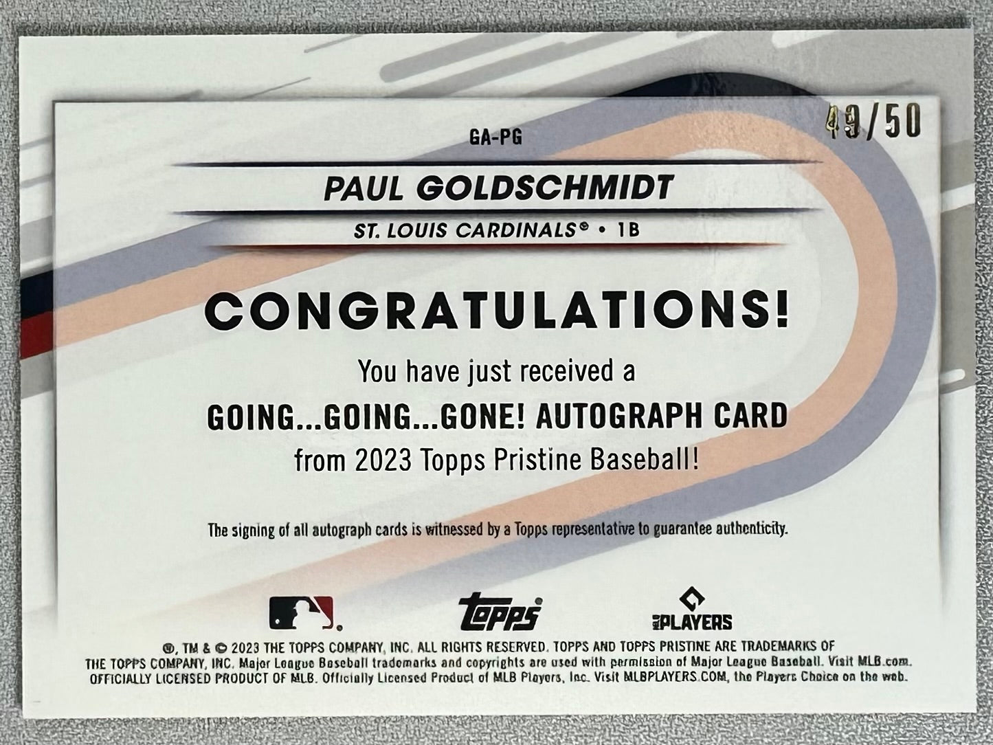 2023 Topps Pristine Paul Goldschmidt Going Going Gone! Auto Gold /50 #GA-PG