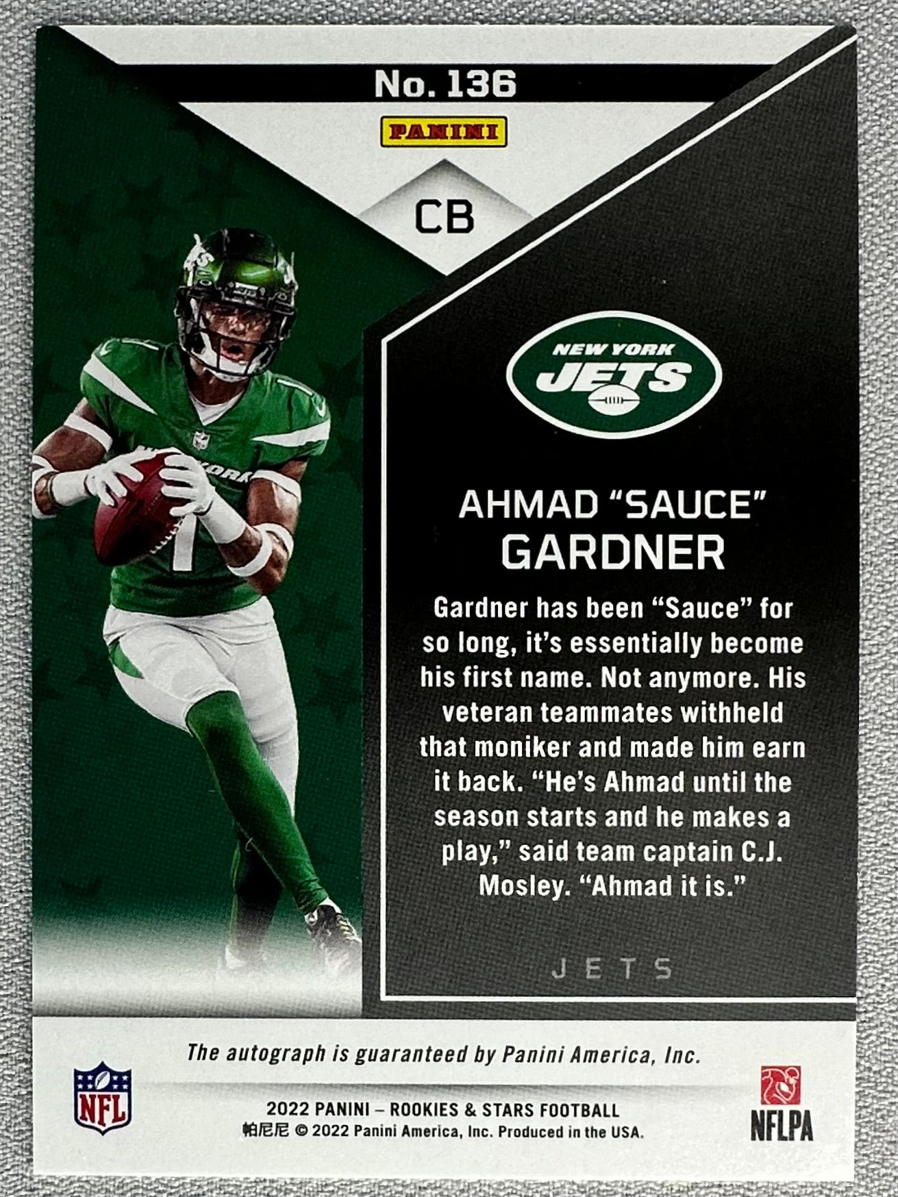 2022 Panini Rookies & Stars Ahmad "Sauce" Gardner Rookie Auto /299 #136 RC