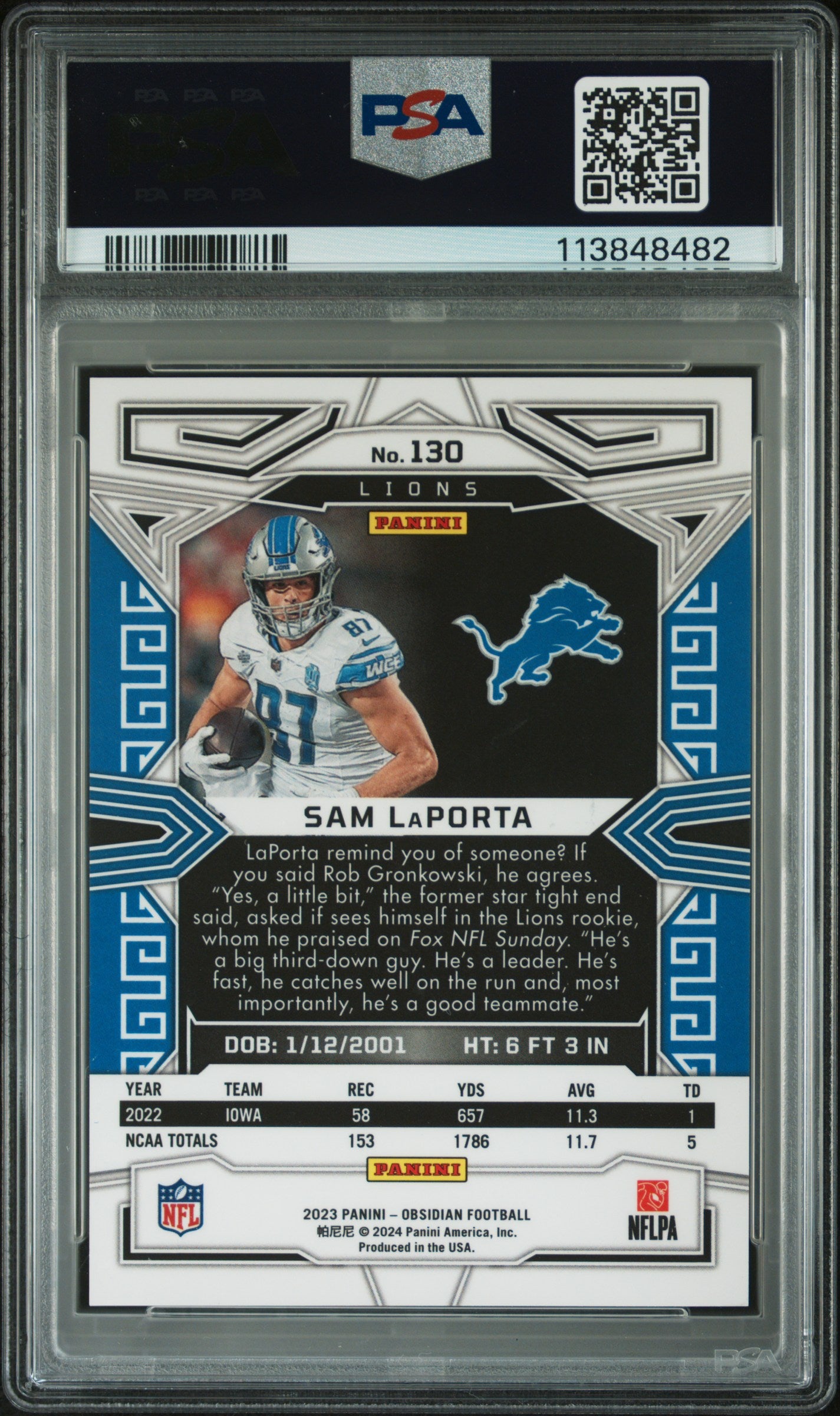 2023 Panini Obsidian Sam Laporta Asia RC #130 PSA 8