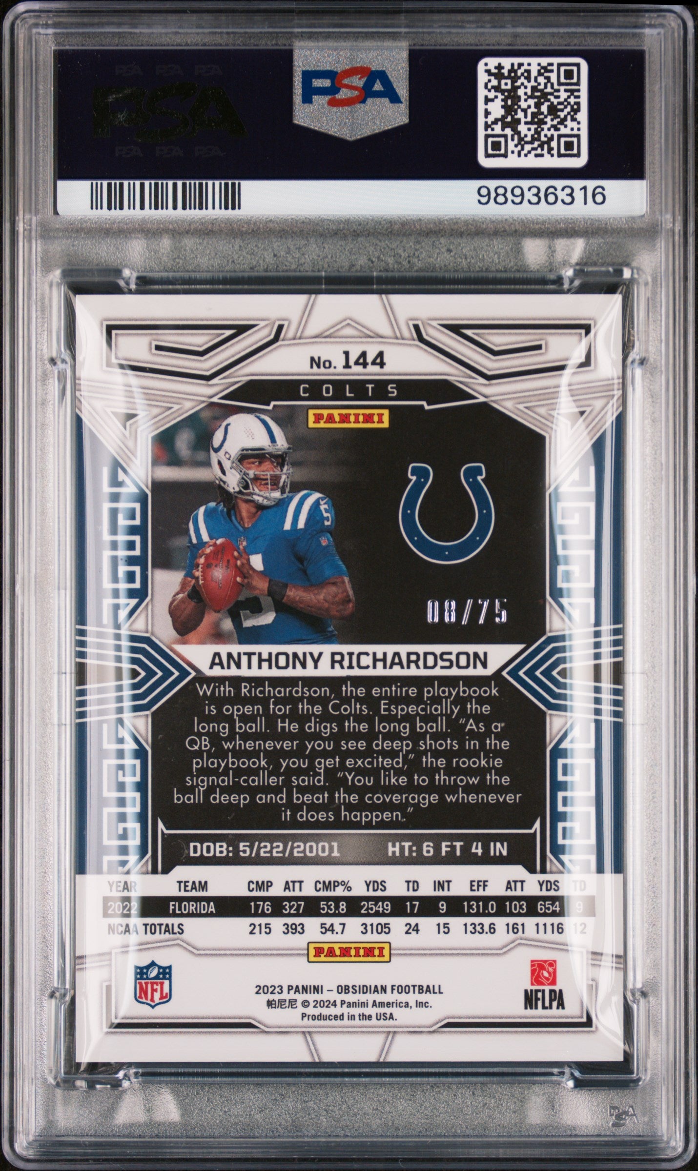 2023 Panini Obsidian Anthony Richardson Electric Etch Purple /75 #144 RC PSA 9