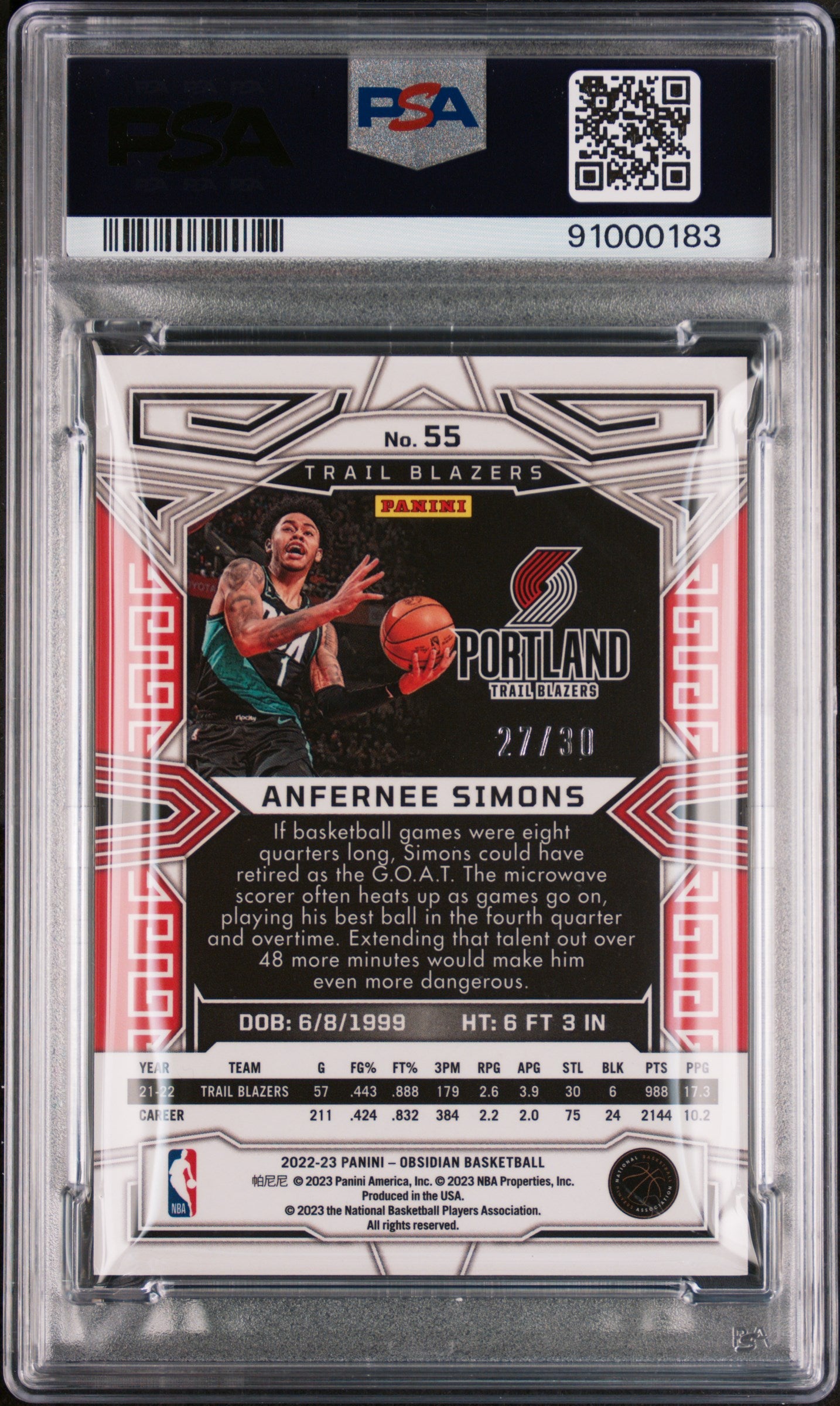 2022 Panini Obsidian Anfernee Simons Electric Etch Blue /30 #55 PSA 10